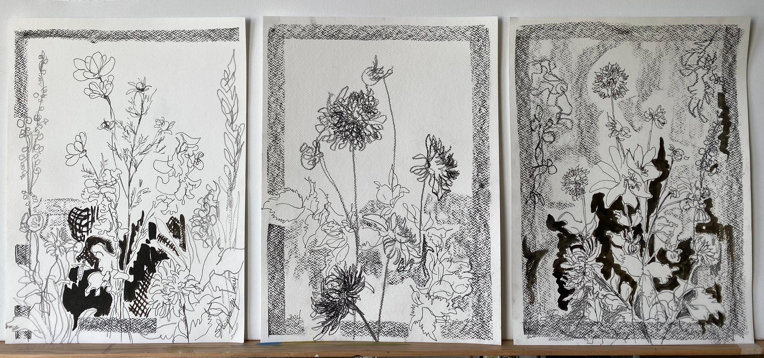 Original Triptychon-Tinte auf Papier-Zeichnungszeit-Dahlias-PleinAir-Brit Awarded Artist 9
