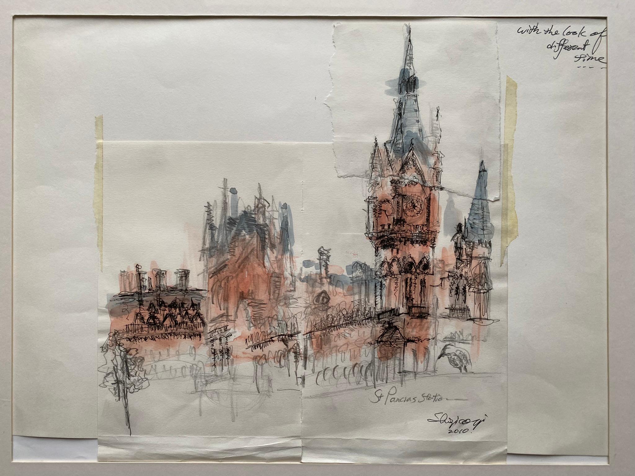 Original-London St. Pancras-UK Künstler-Rare Aquarell & Tinte auf collagiertem Papier, Londoner St. Pancras  (Zeitgenössisch), Art, von Shizico Yi