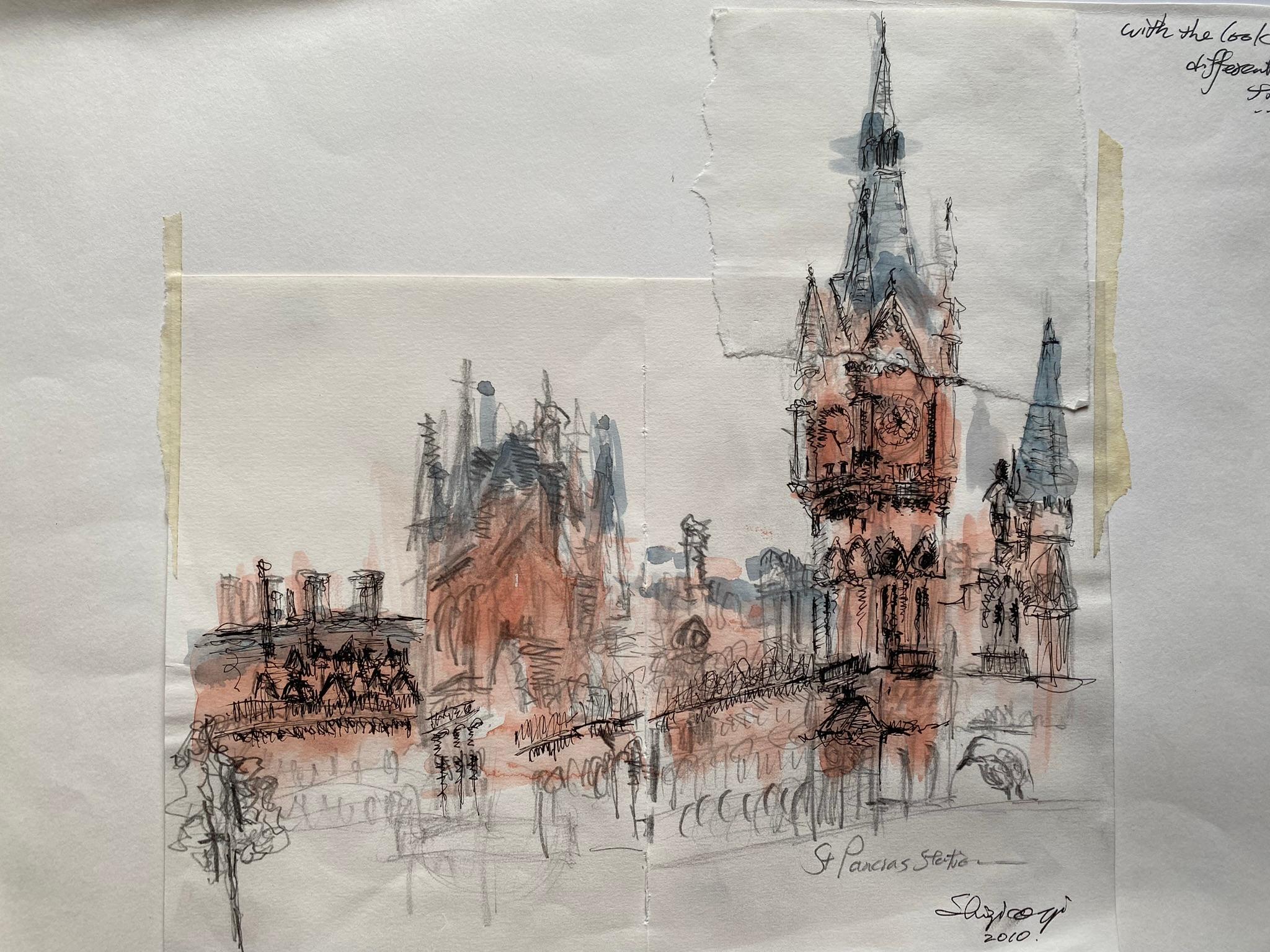 Original-London St. Pancras-UK Artist-Rare watercolour & ink on collaged paper  For Sale 8