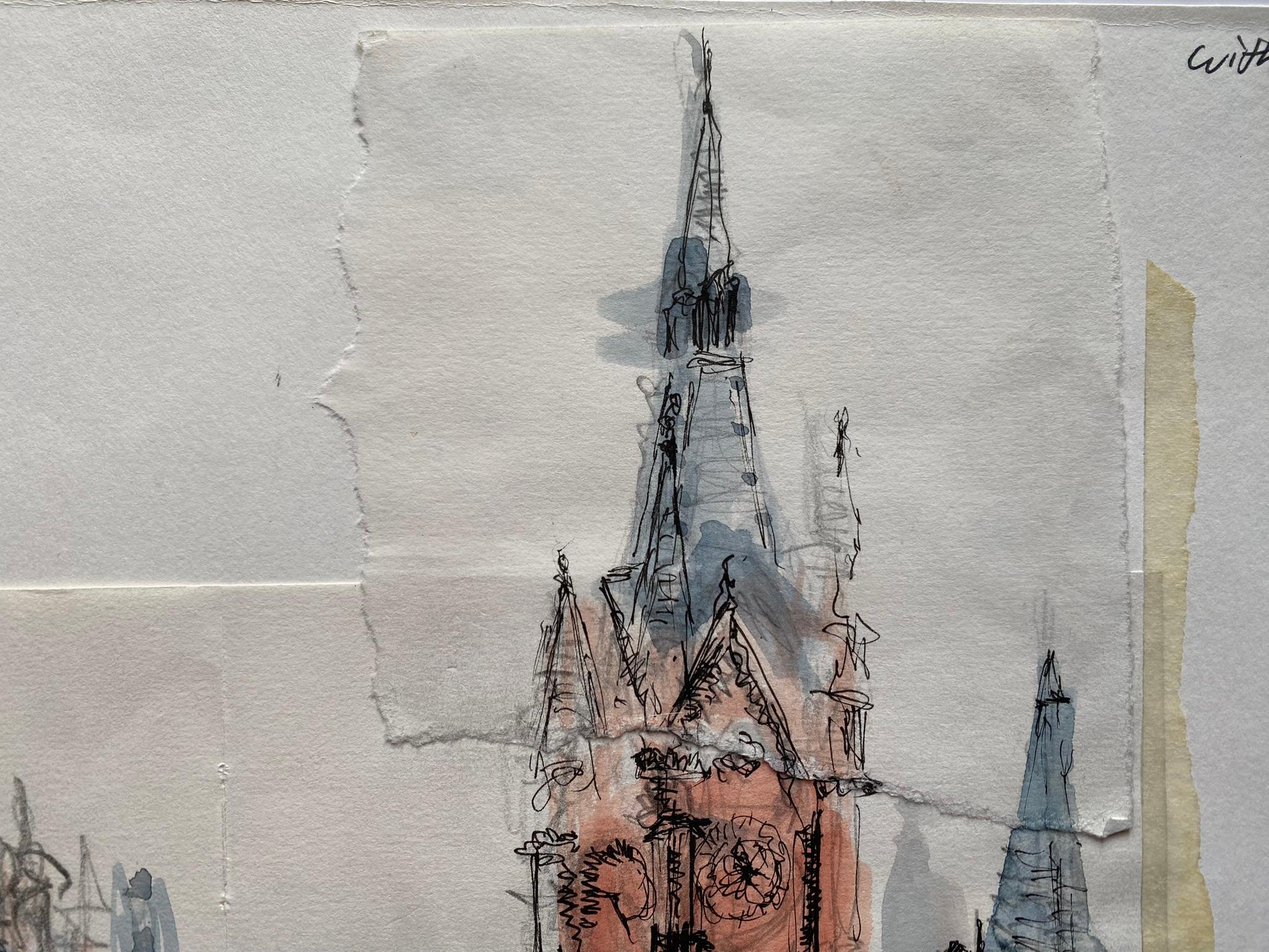 Original-London St. Pancras-UK Artist-Rare watercolour & ink on collaged paper  For Sale 2