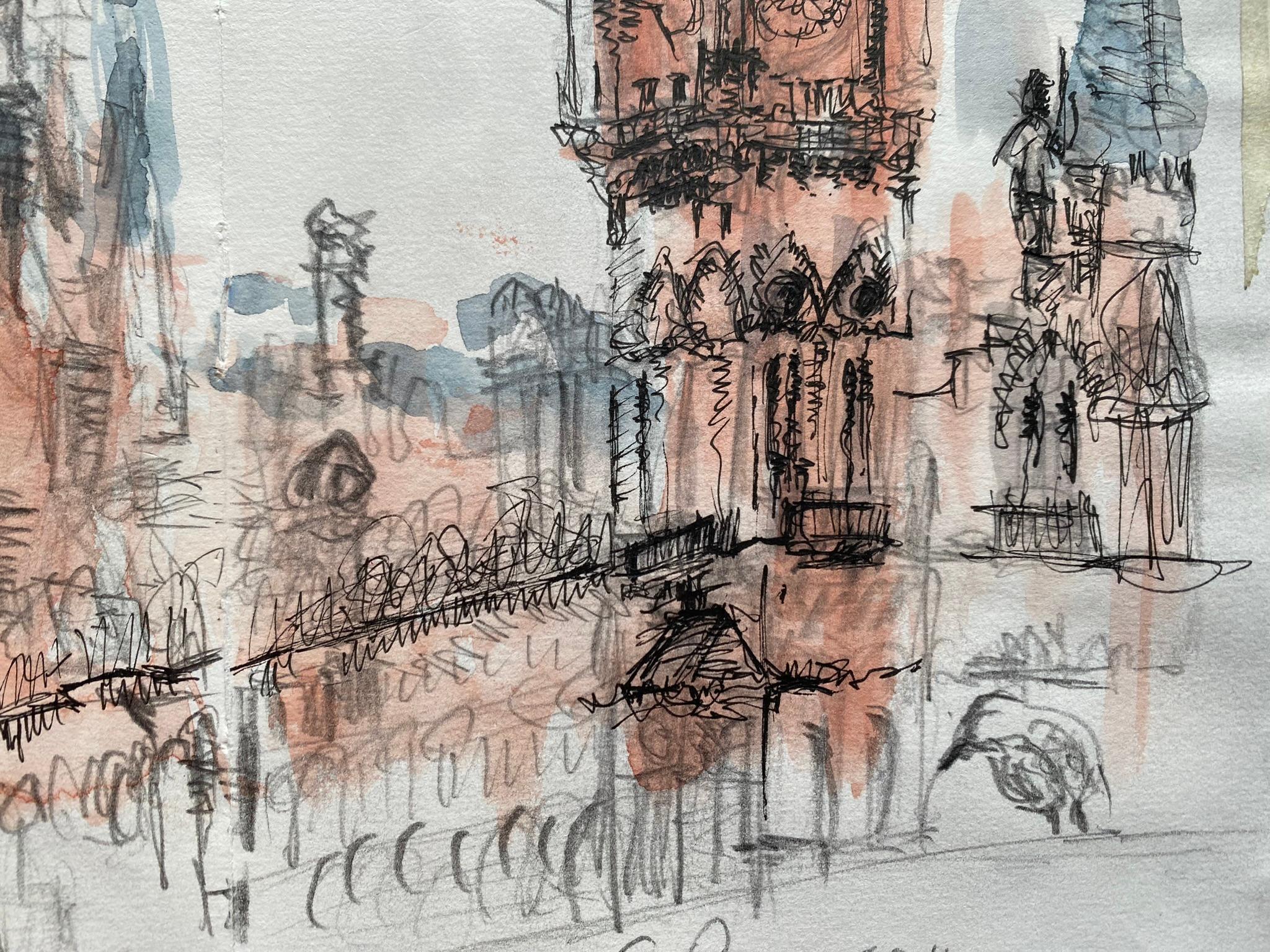 Original-London St. Pancras-UK Artist-Rare watercolour & ink on collaged paper  For Sale 3