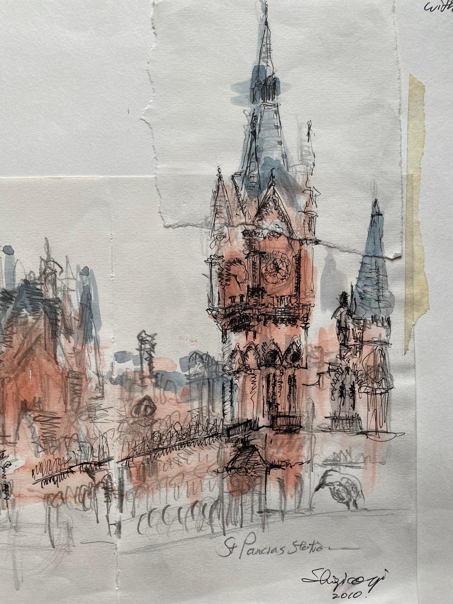 Original-London St. Pancras-UK Artist-Rare watercolour & ink on collaged paper  For Sale 1