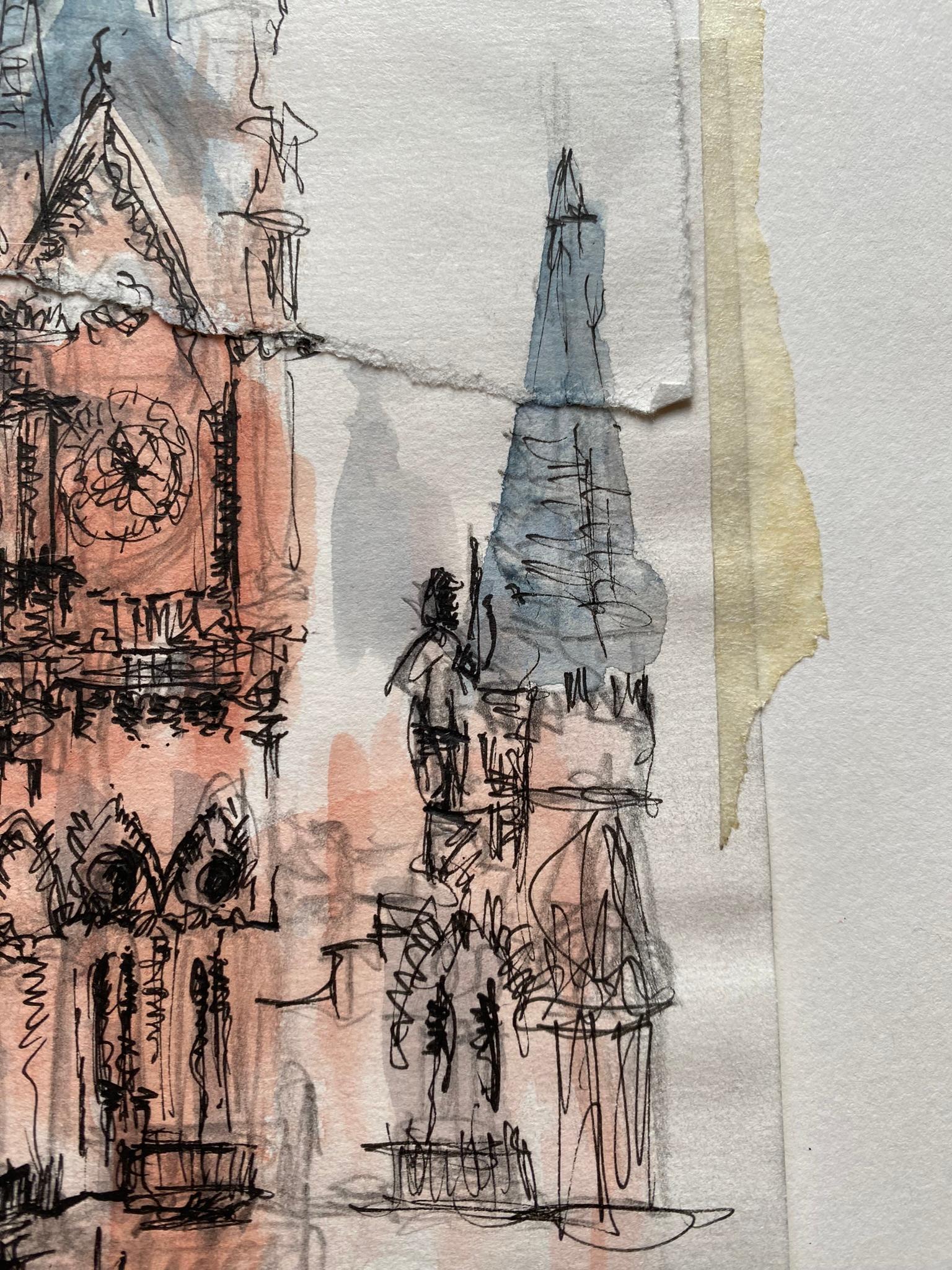 Original-London St. Pancras-UK Artist-Rare watercolour & ink on collaged paper  For Sale 7