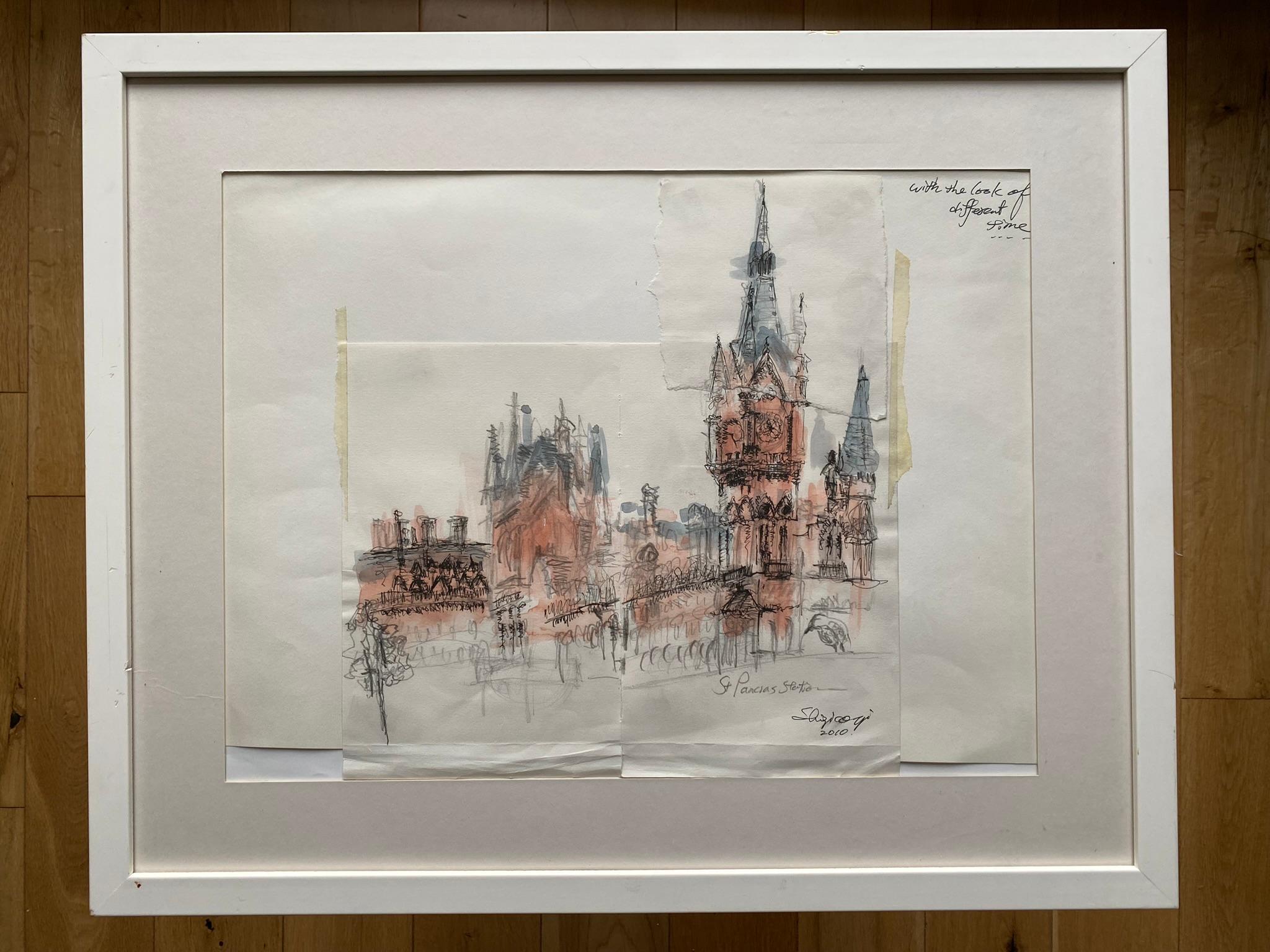 Original-London St. Pancras-UK Artist-Rare watercolour & ink on collaged paper  For Sale 14