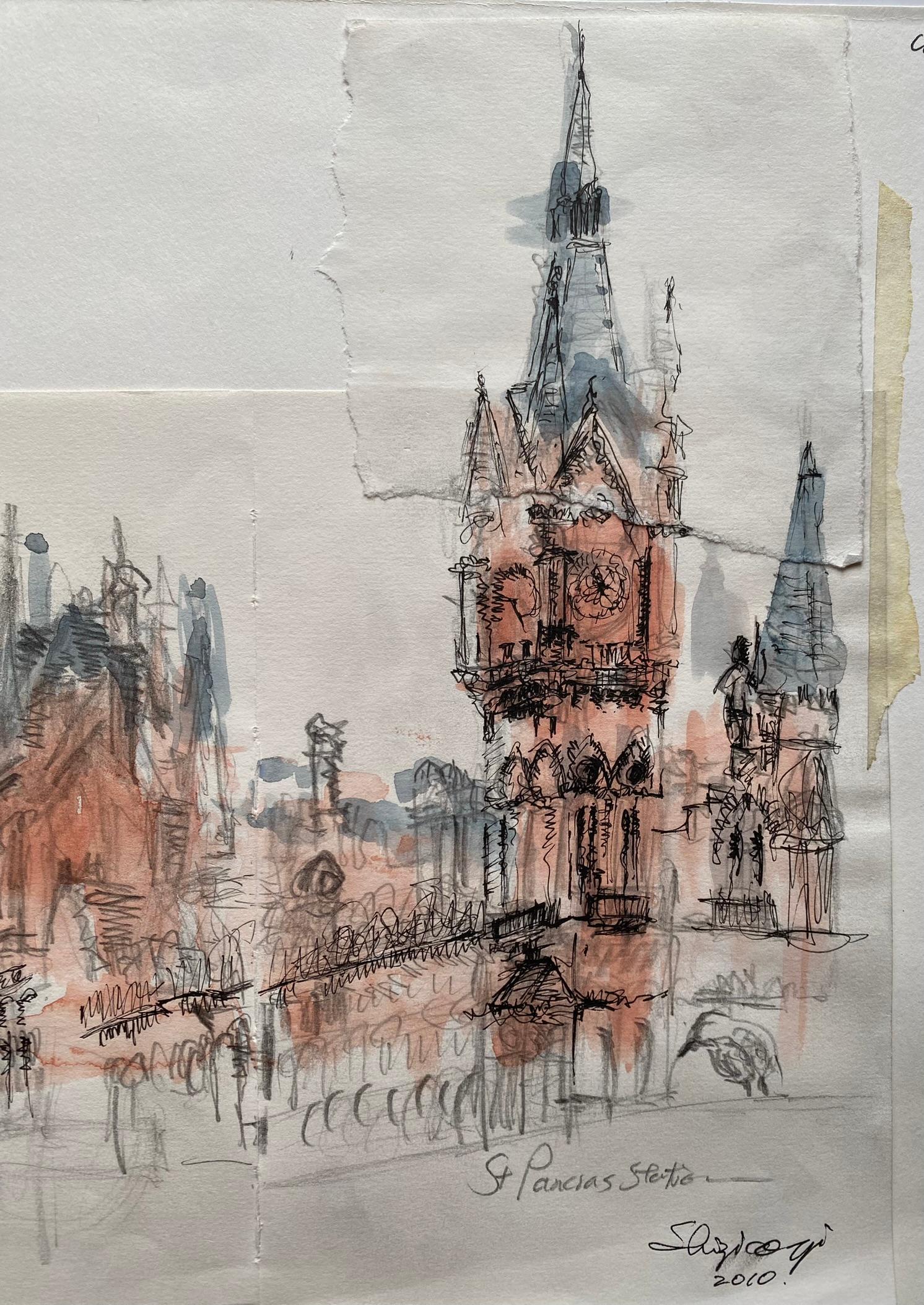 Original-London St. Pancras-UK Artist-Rare watercolour & ink on collaged paper  For Sale 12