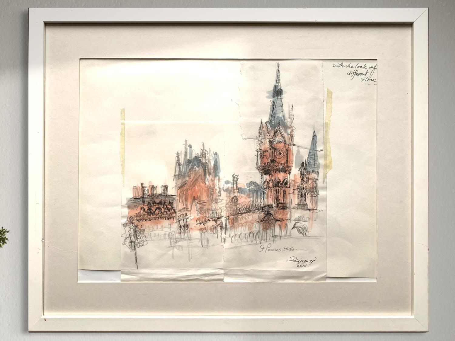 Shizico Yi Landscape Art – Original-London St. Pancras-UK Künstler-Rare Aquarell & Tinte auf collagiertem Papier, Londoner St. Pancras 