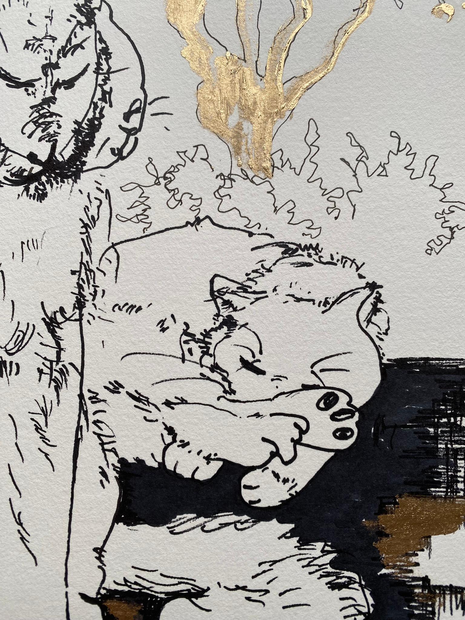 Original-Cat in Movements/Winter Wonderland-UK Awarded Artist-gold, ink on paper 1