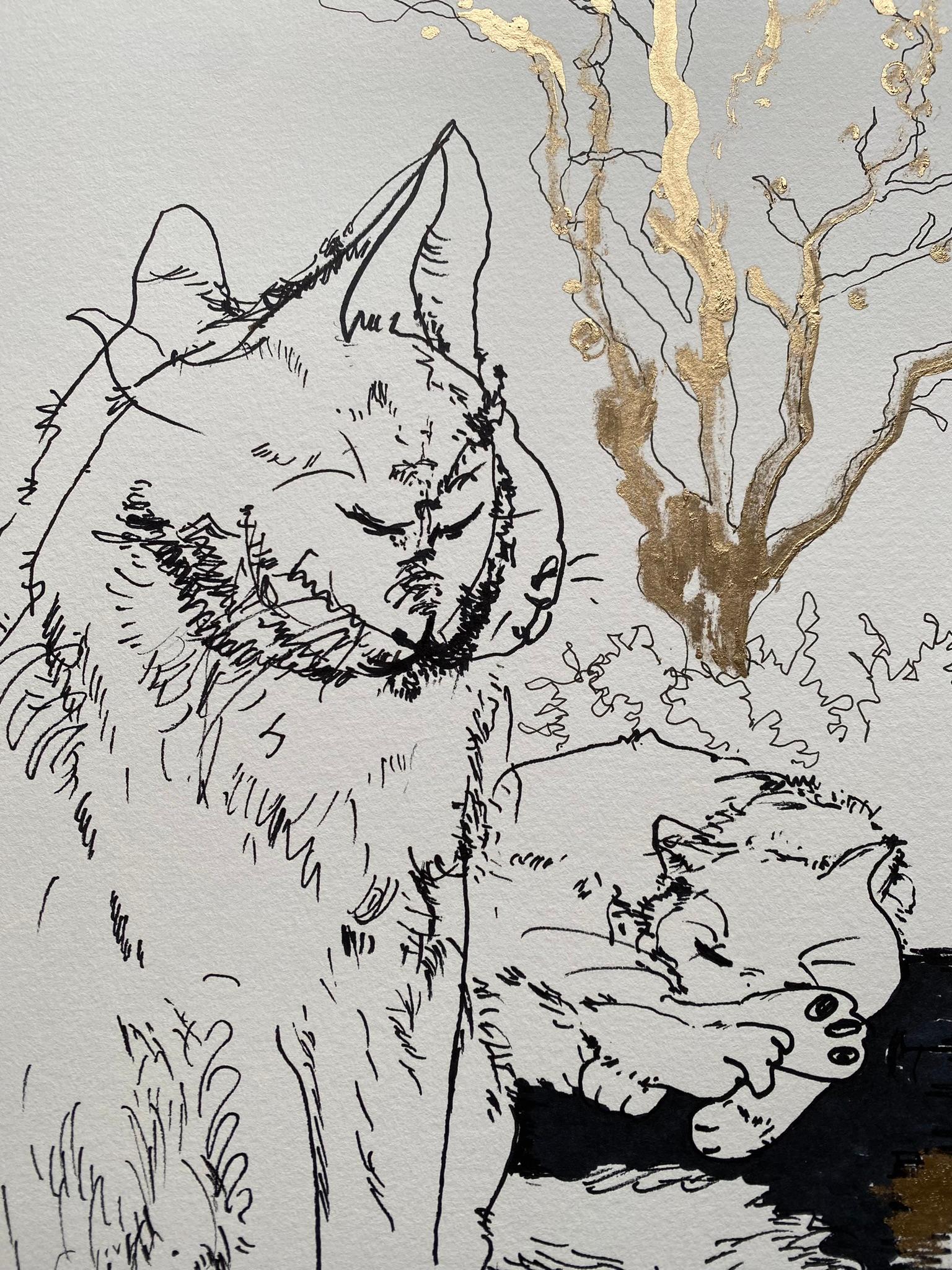 Original-Cat in Movements/Winter Wonderland-UK Ausgezeichneter Künstler-Gold, Tinte auf Papier 4
