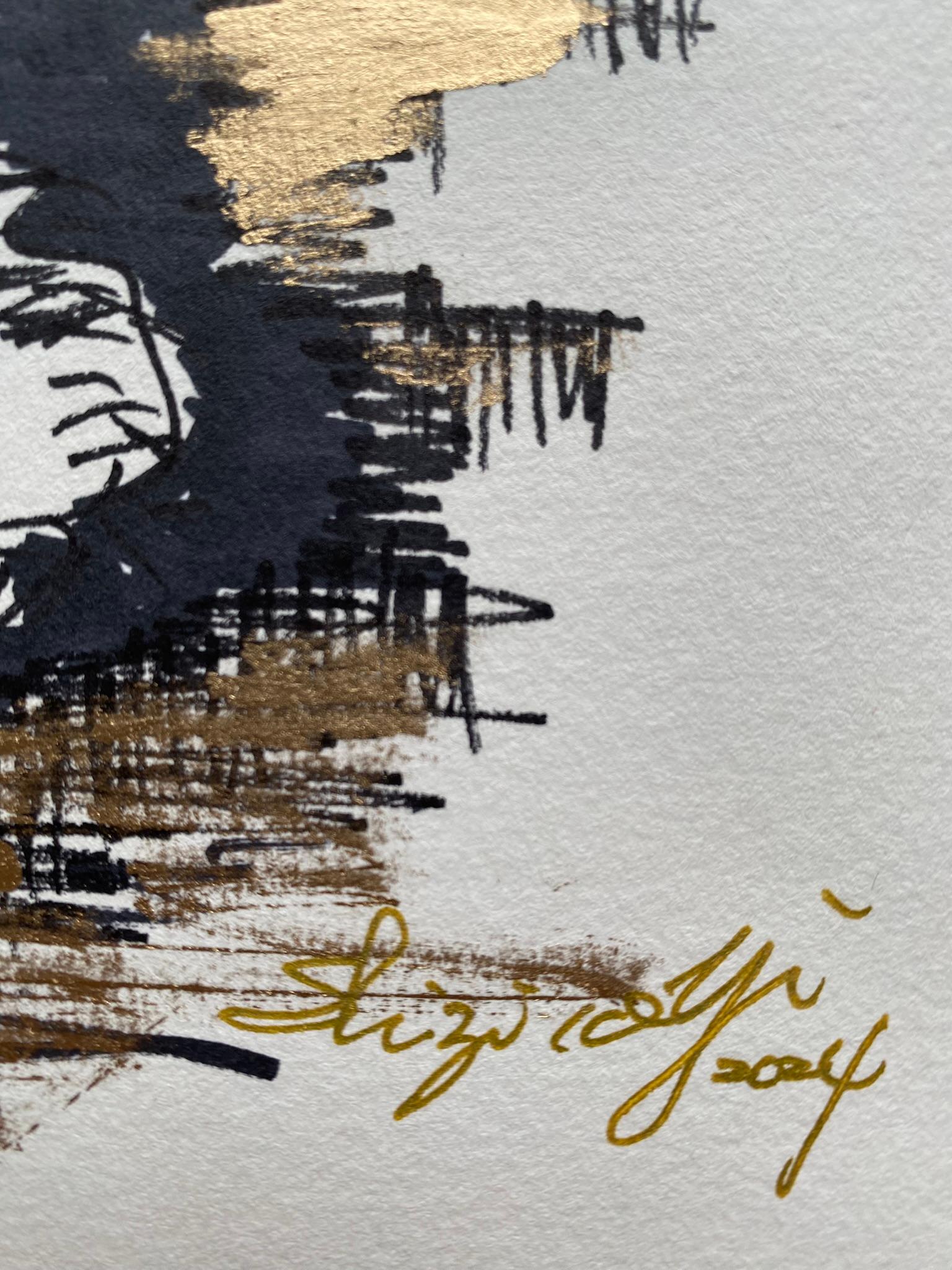 Original-Cat in Movements/Winter Wonderland-UK Ausgezeichneter Künstler-Gold, Tinte auf Papier 9