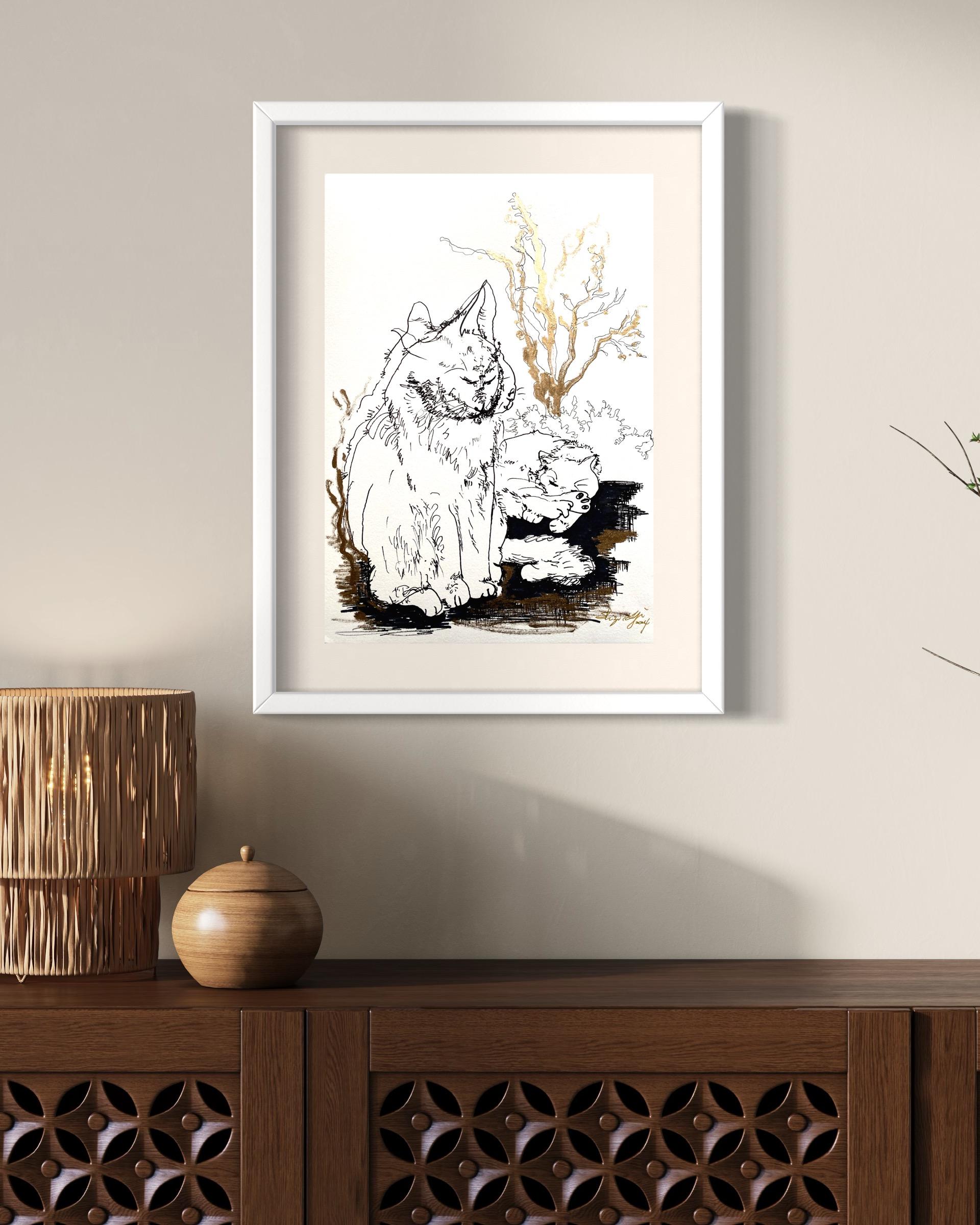 Original-Cat in Movements/Winter Wonderland-UK Awarded Artist-gold, ink on paper - Gold Landscape Art by Shizico Yi
