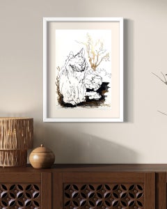 Original-Cat in Movements/Winter Wonderland-UK Awarded Artist-gold, ink on paper