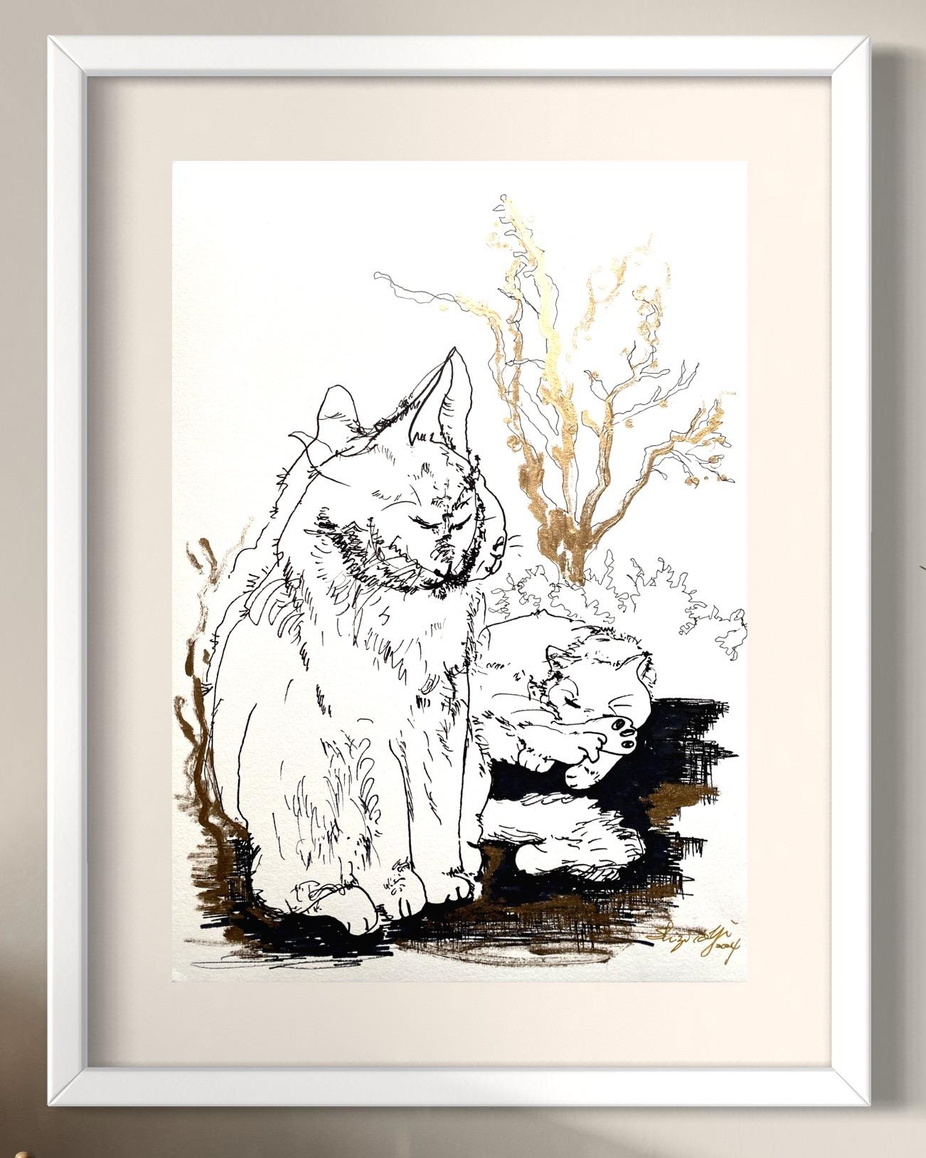 Original-Cat in Movements/Winter Wonderland-UK Awarded Artist-gold, ink on paper