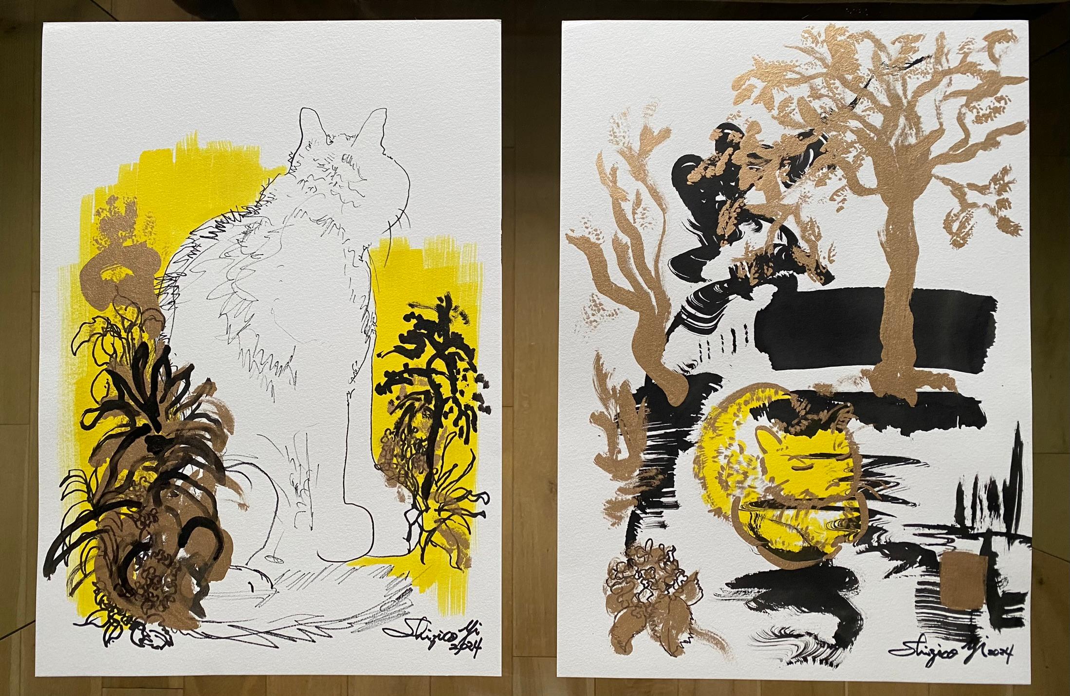 Shizico Yi Landscape Art - Original Set-Breakfast with Cat Series-British Award Artist-Gold, ink on papers