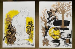 Original Set-Breakfast with Cat Series-British Award Artist-Gold, ink on papers