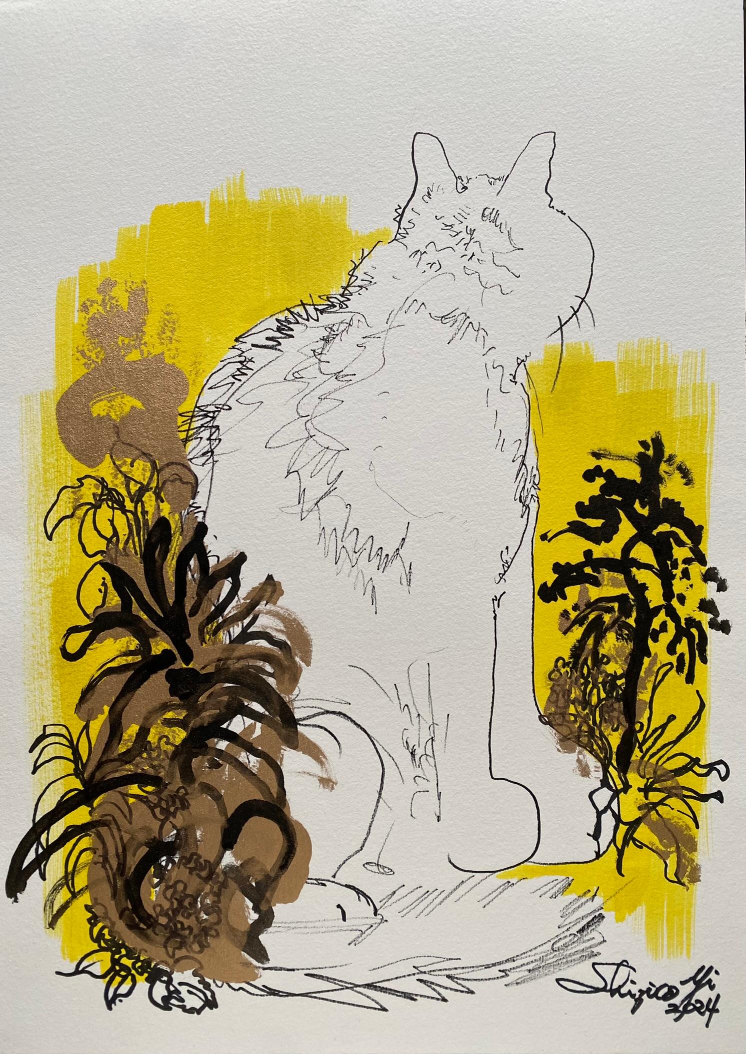 Original Set-Breakfast with Cat Series-British Award Artist-Gold, ink on papers For Sale 1