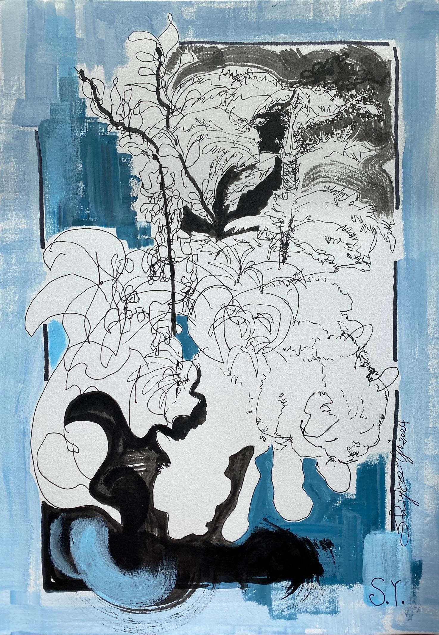 Shizico Yi Animal Art - Original-Breakfast with Cat Series-British Award Artist-Ink, oil on paper-UK art