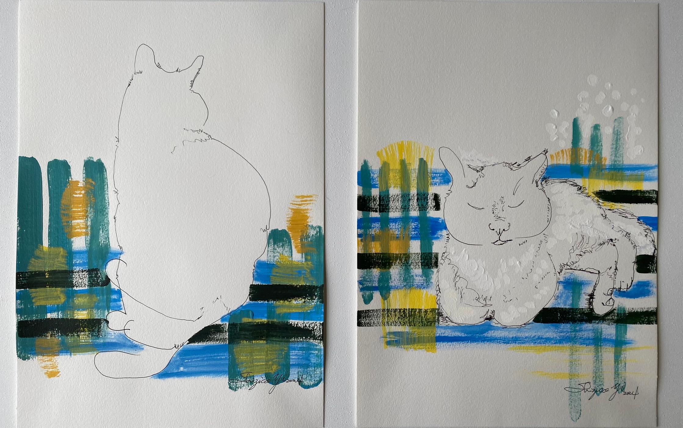 Original Set-Breakfast with Cat Series-British Award Artist-oil, ink on papers For Sale 1