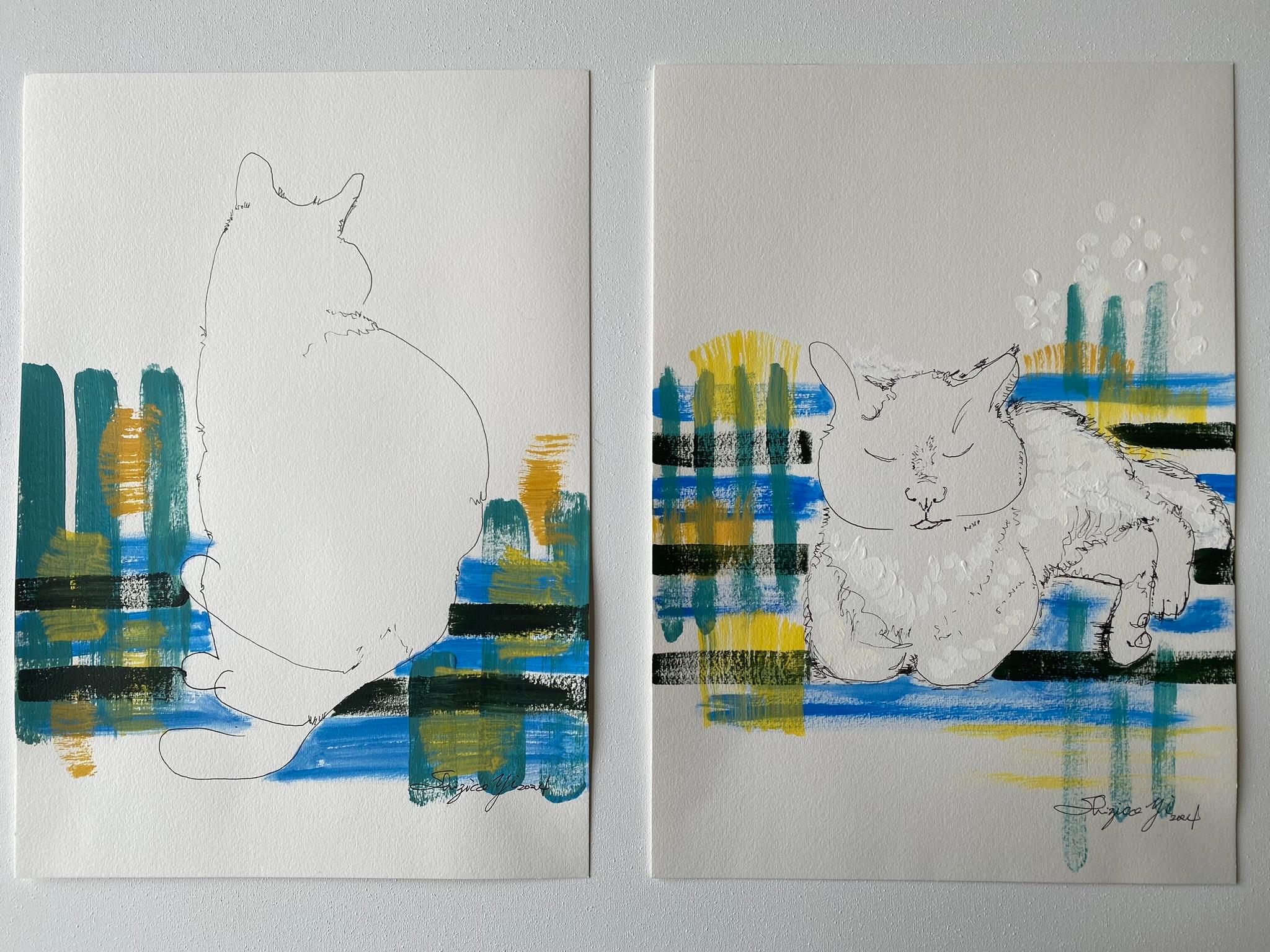 Original Set-Breakfast with Cat Series-British Award Artist-oil, ink on papers For Sale 18