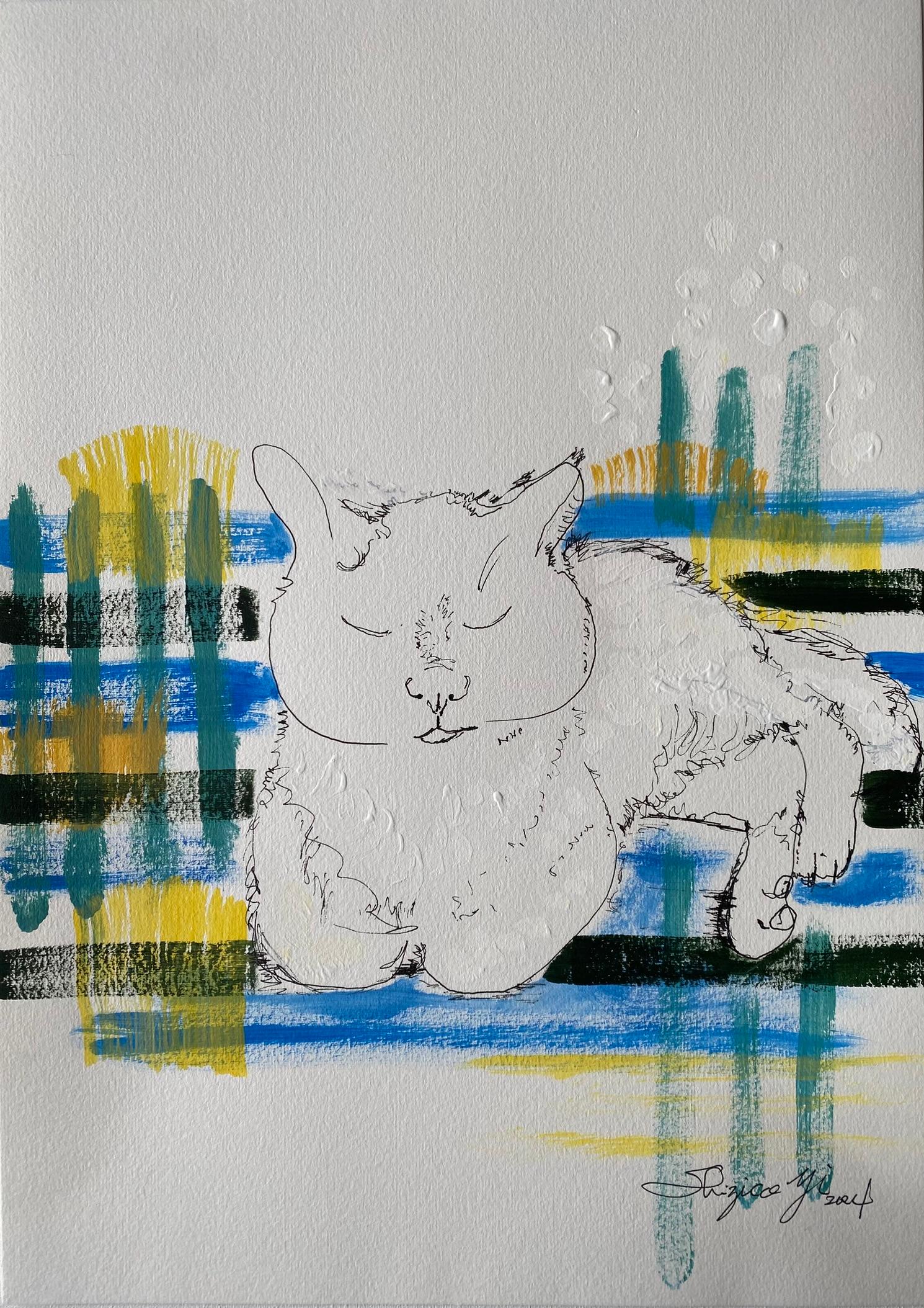 Original Set-Breakfast with Cat Series-British Award Artist-oil, ink on papers For Sale 4