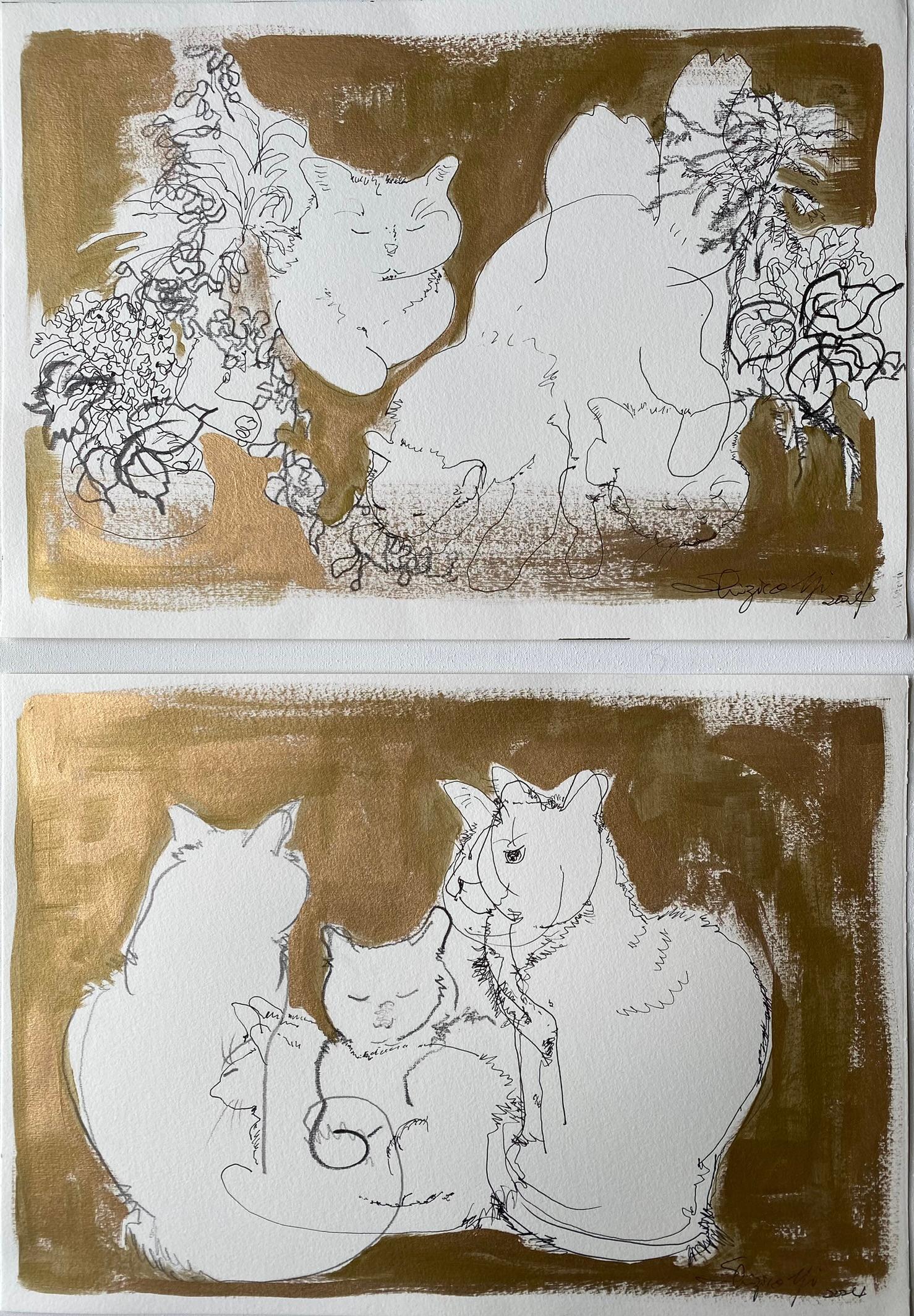 Original Set-Breakfast with Cat Series-British Award Artist-Gold, ink on papers For Sale 1