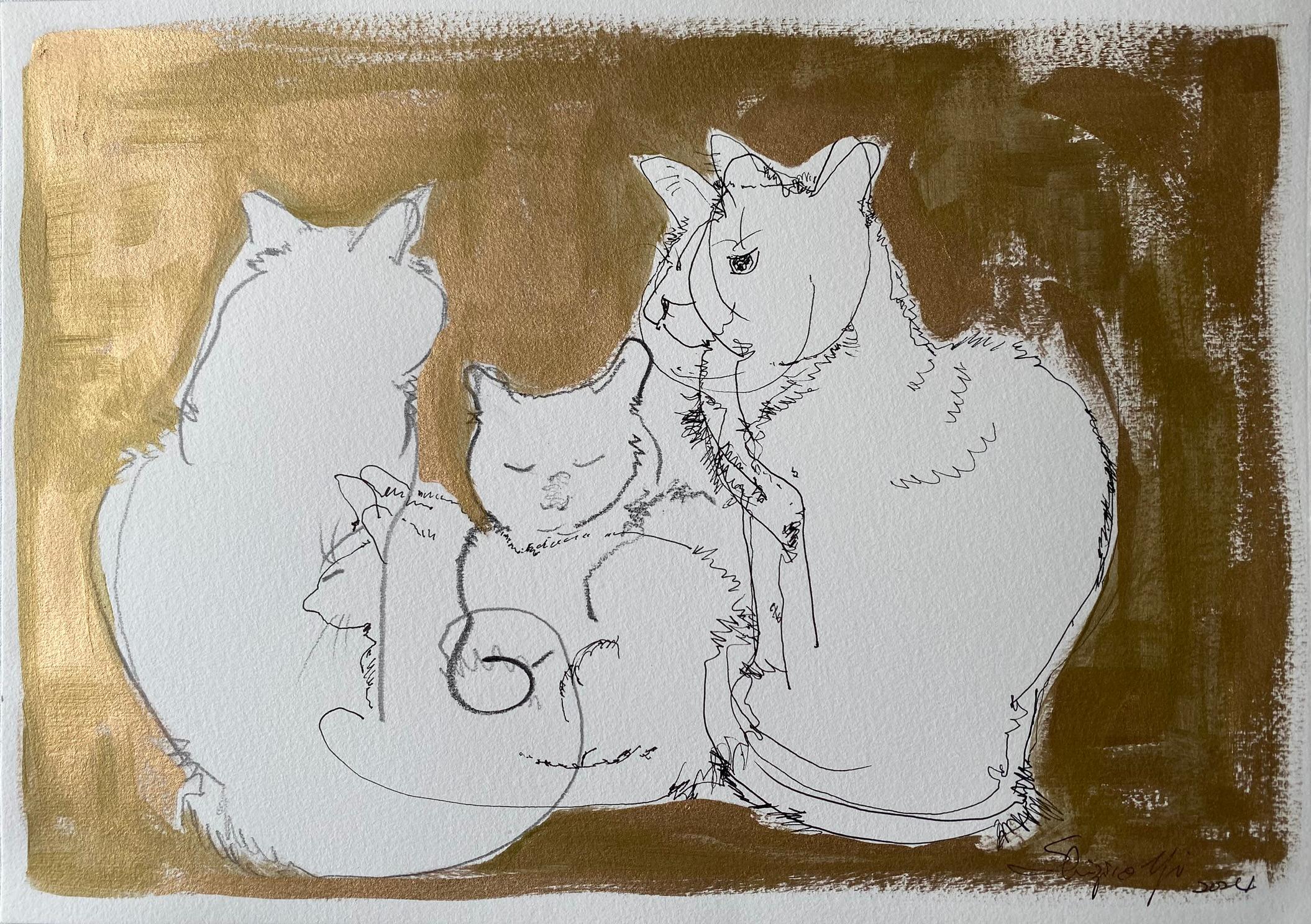 Original Set-Breakfast with Cat Series-British Award Artist-Gold, ink on papers For Sale 5