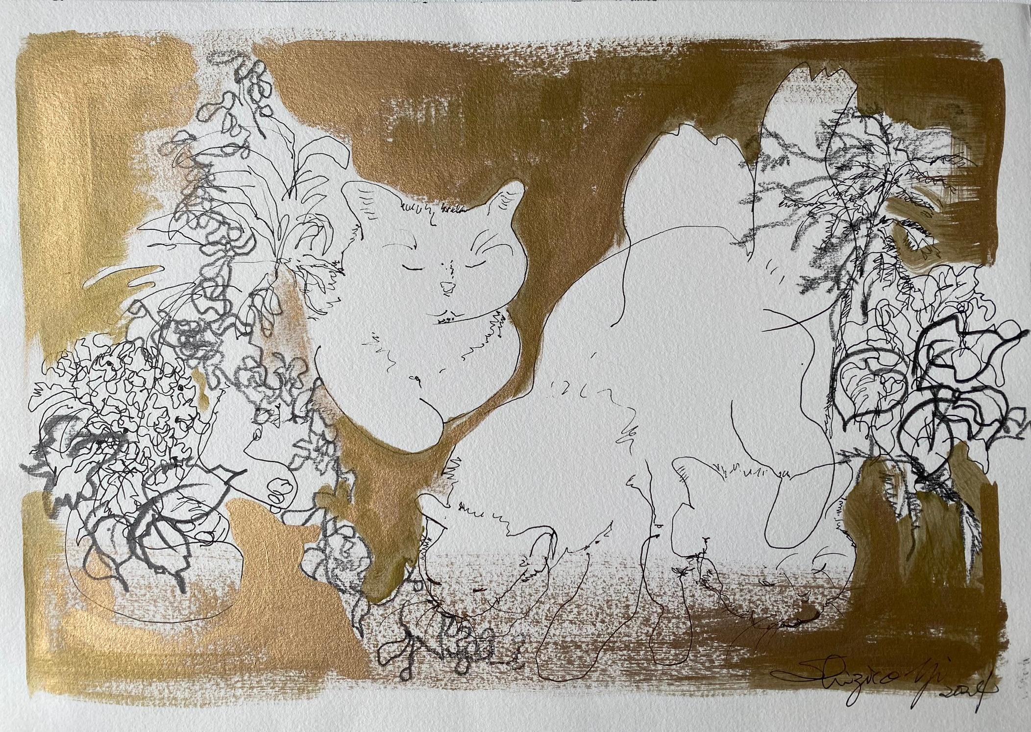 Original Set-Breakfast with Cat Series-British Award Artist-Gold, ink on papers For Sale 3
