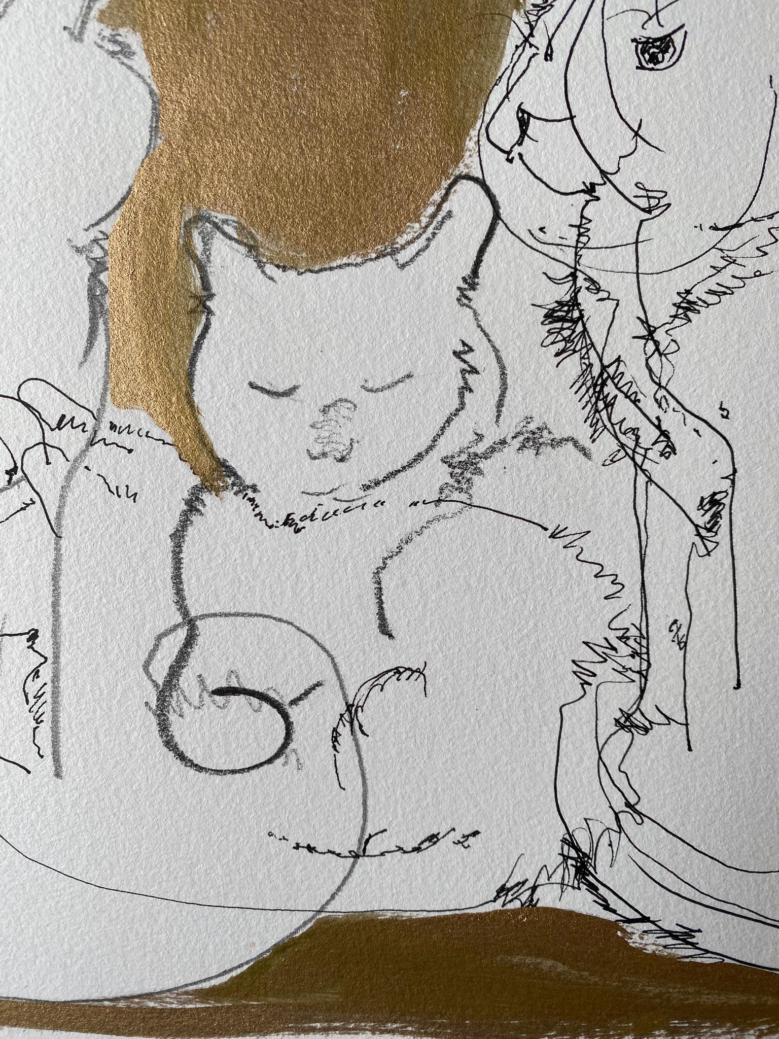 Original Set-Breakfast with Cat Series-British Award Artist-Gold, ink on papers For Sale 16