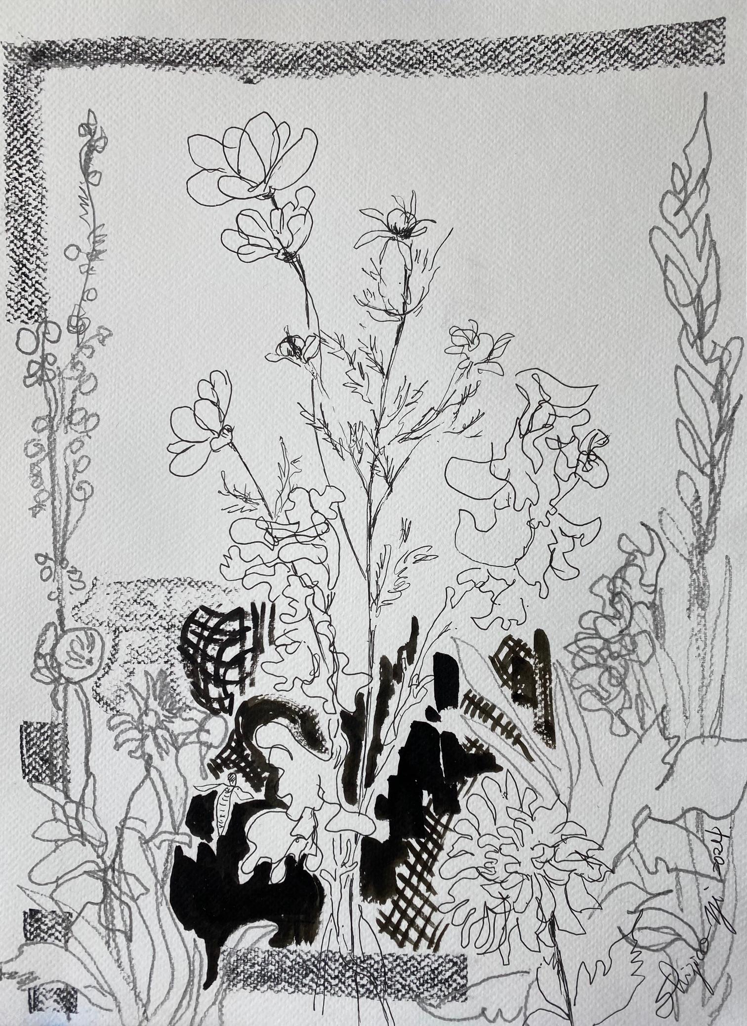 Original Triptychon-Tinte auf Papier-Zeichnungszeit-Dahlias-PleinAir-Brit Awarded Artist 4