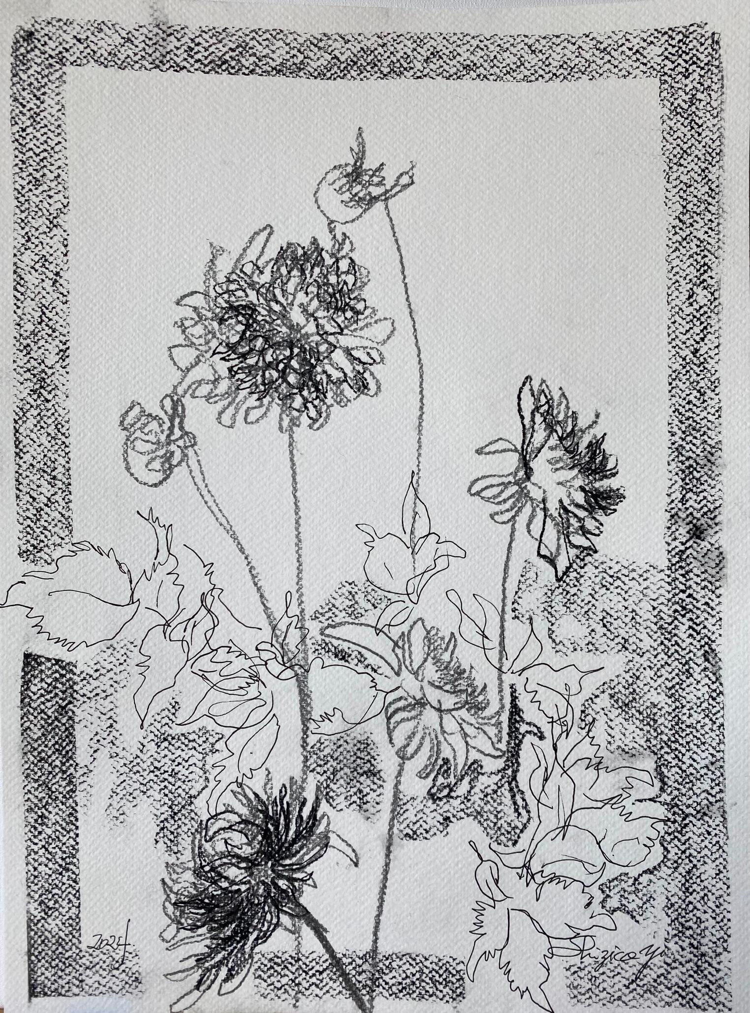 Original Triptychon-Tinte auf Papier-Zeichnungszeit-Dahlias-PleinAir-Brit Awarded Artist 2