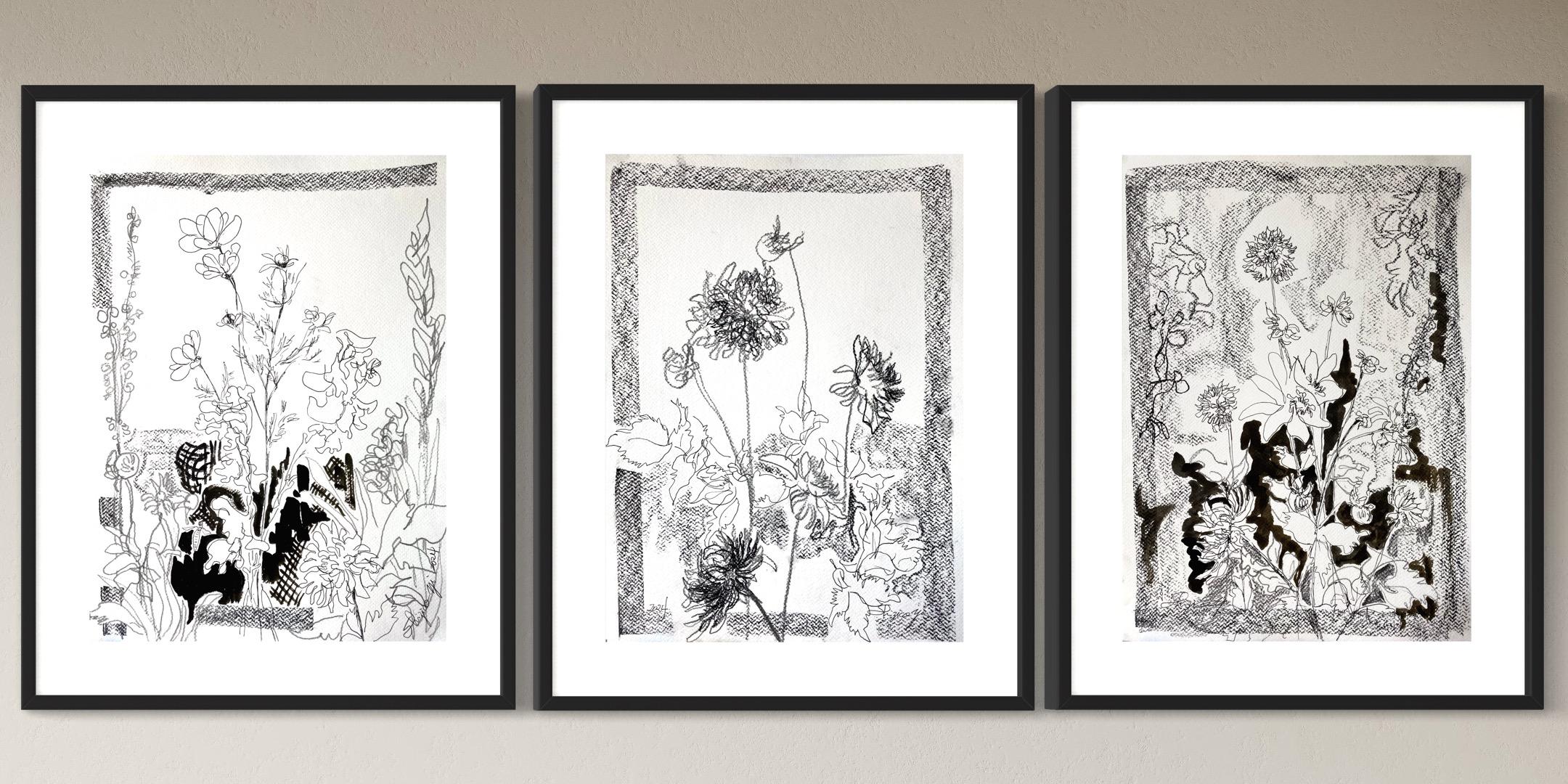 Shizico Yi Abstract Drawing – Original Triptychon-Tinte auf Papier-Zeichnungszeit-Dahlias-PleinAir-Brit Awarded Artist