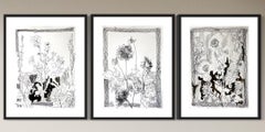 Original Triptychon-Tinte auf Papier-Zeichnungszeit-Dahlias-PleinAir-Brit Awarded Artist