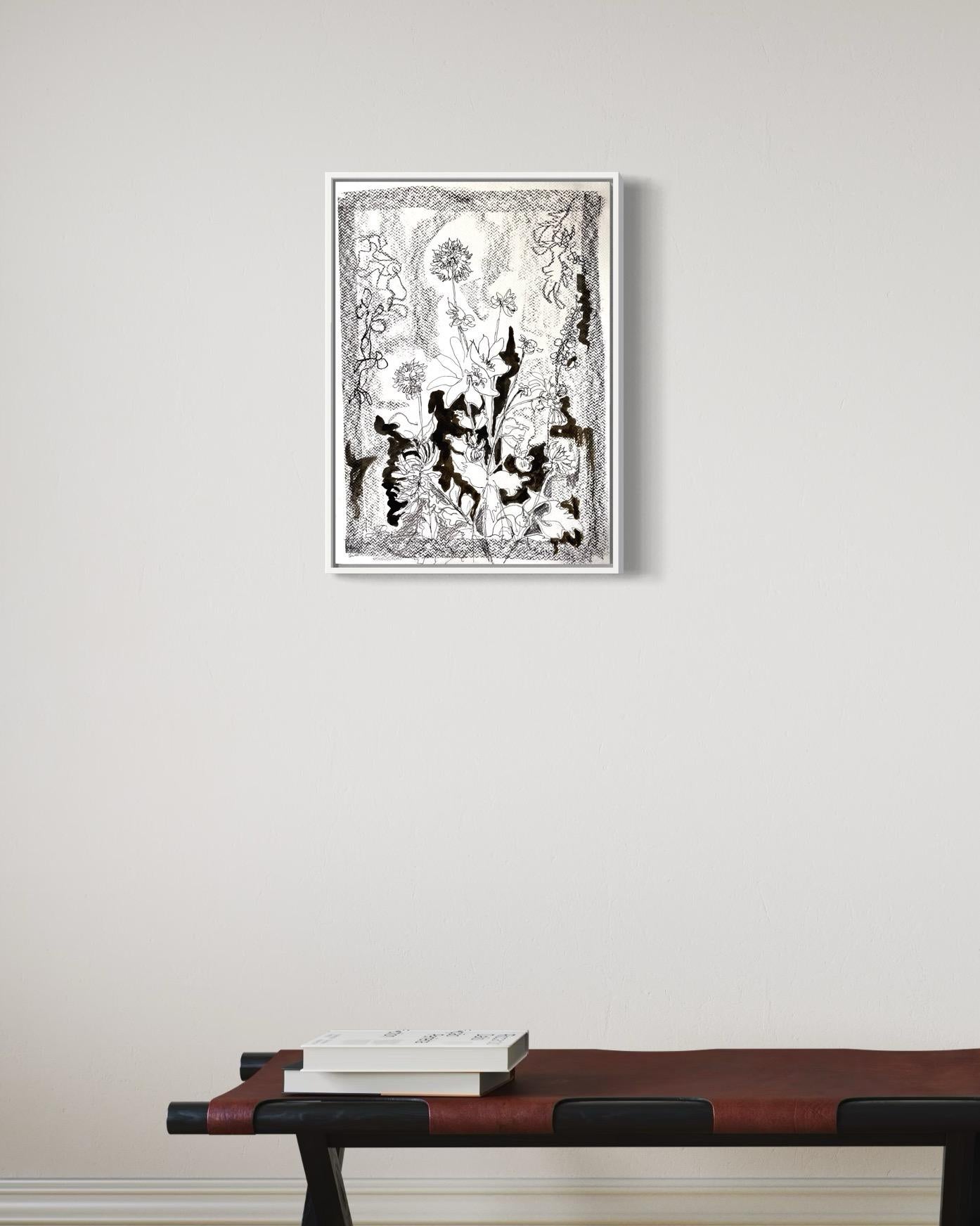 Original Triptychon-Tinte auf Papier-Zeichnungszeit-Dahlias-PleinAir-Brit Awarded Artist 1