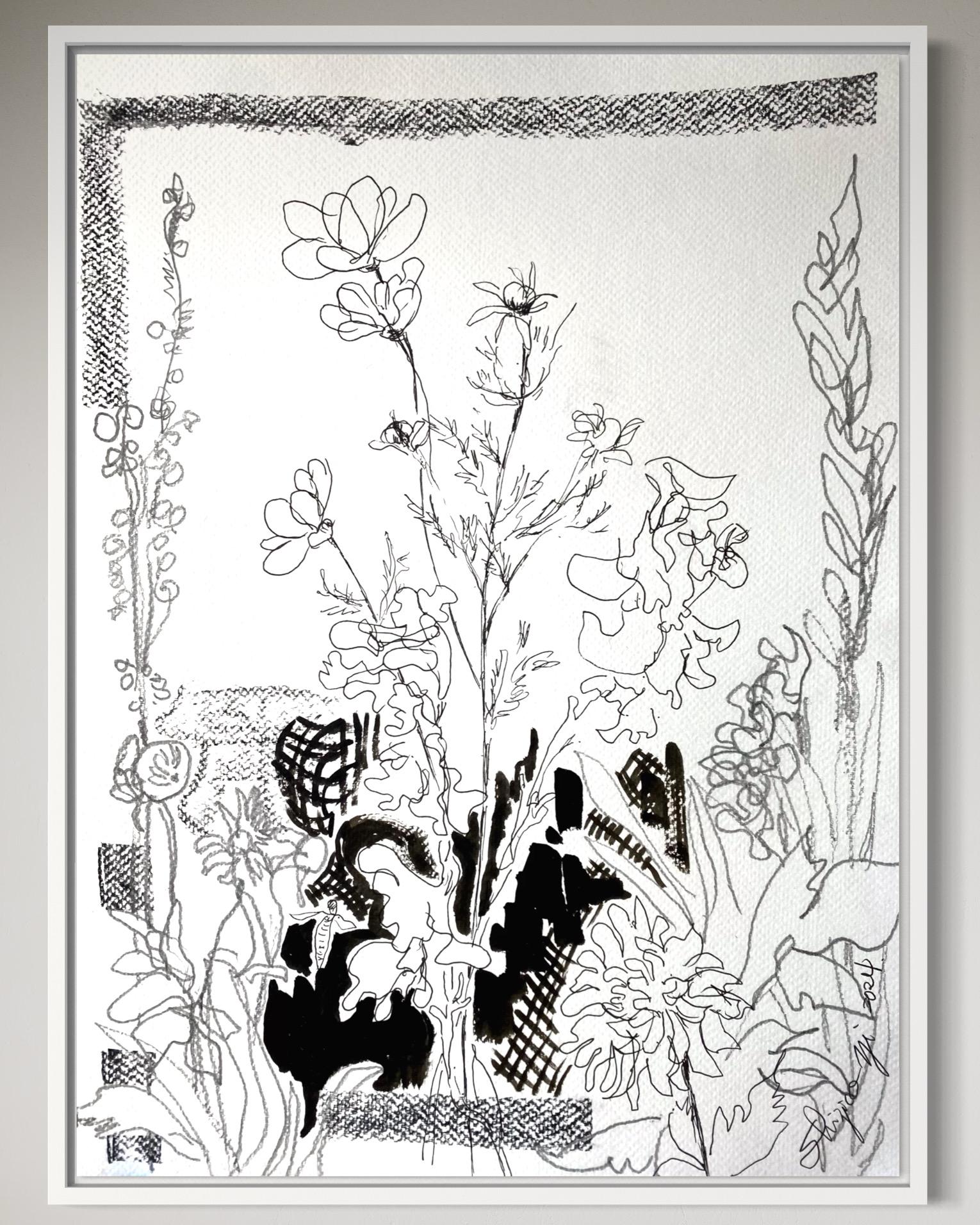 Original Triptychon-Tinte auf Papier-Zeichnungszeit-Dahlias-PleinAir-Brit Awarded Artist 6