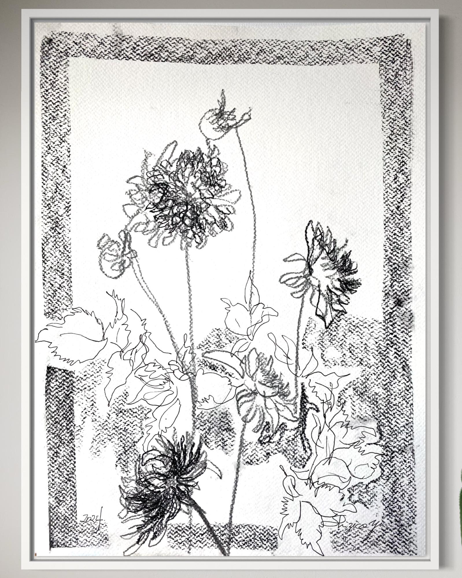 Original Triptychon-Tinte auf Papier-Zeichnungszeit-Dahlias-PleinAir-Brit Awarded Artist 7