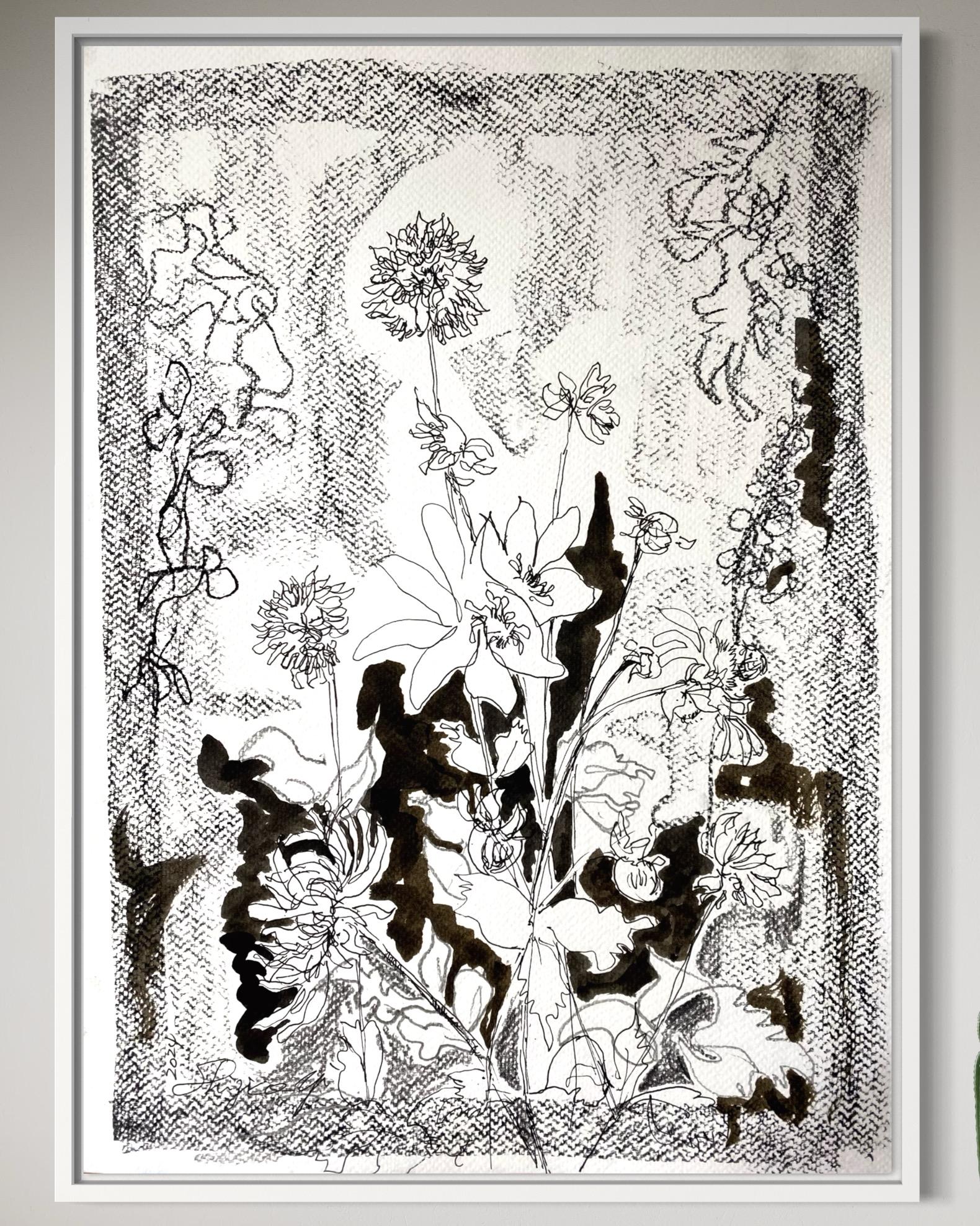 Original Triptychon-Tinte auf Papier-Zeichnungszeit-Dahlias-PleinAir-Brit Awarded Artist 8