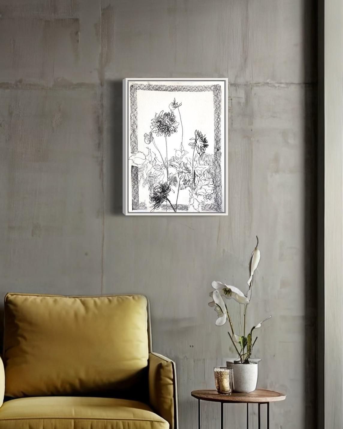 Original Triptychon-Tinte auf Papier-Zeichnungszeit-Dahlias-PleinAir-Brit Awarded Artist 3
