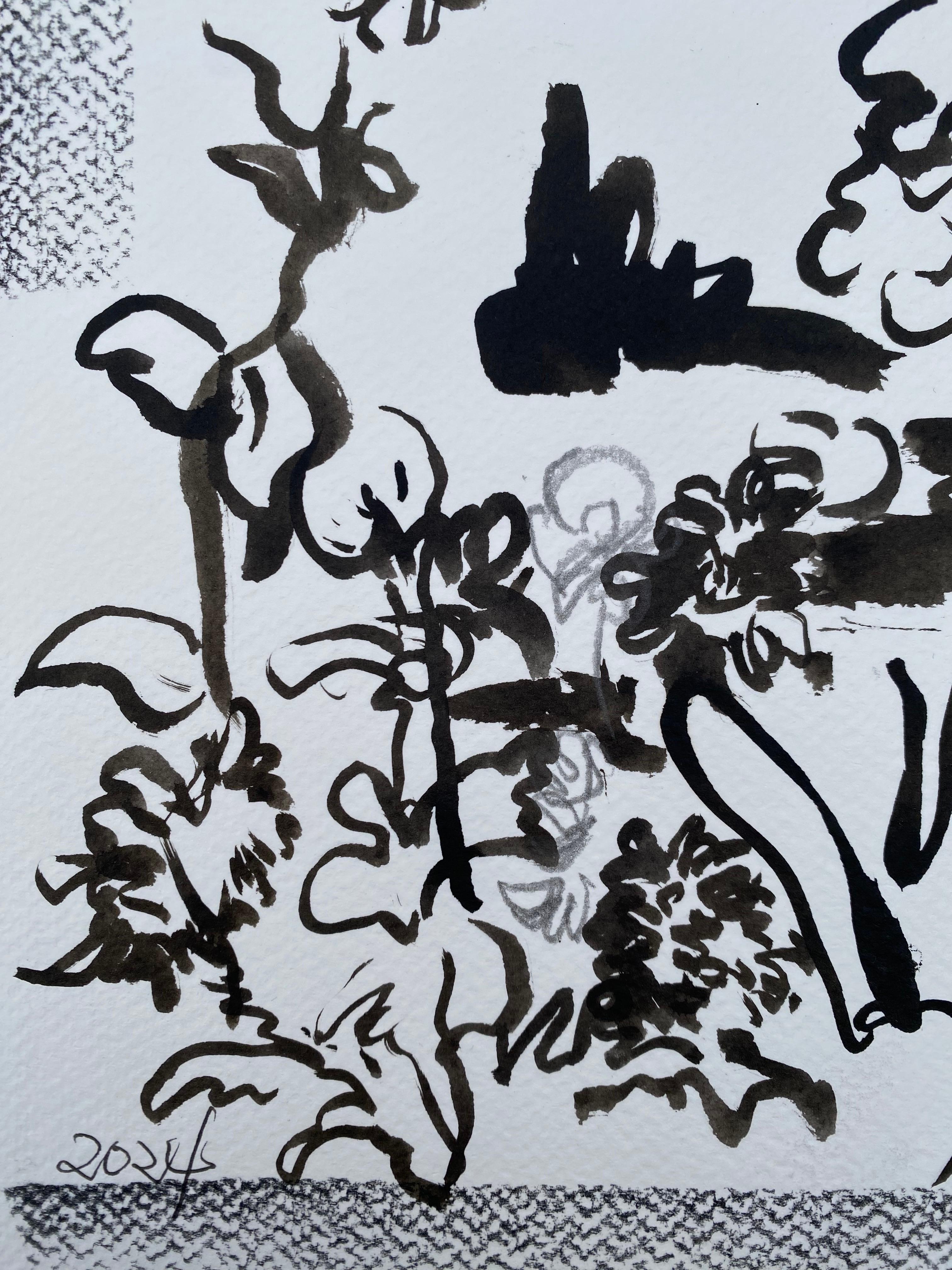 Original-Drawing Time-Dahlias&Gladiolus PleinAir-Artista británico premiado-tinta sobre papel en venta 1