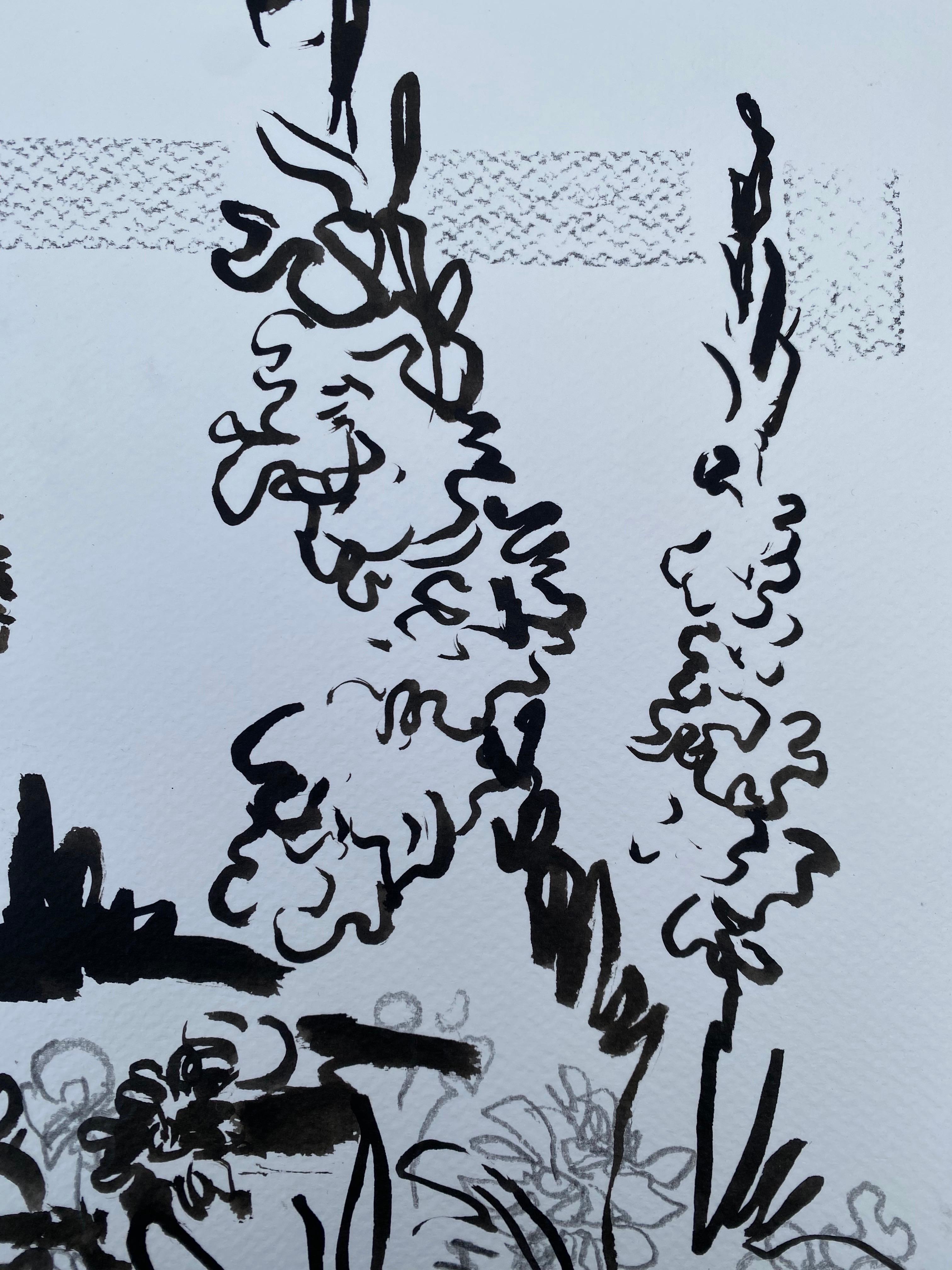 Original-Drawing Time-Dahlias&Gladiolus PleinAir-Artista británico premiado-tinta sobre papel en venta 4