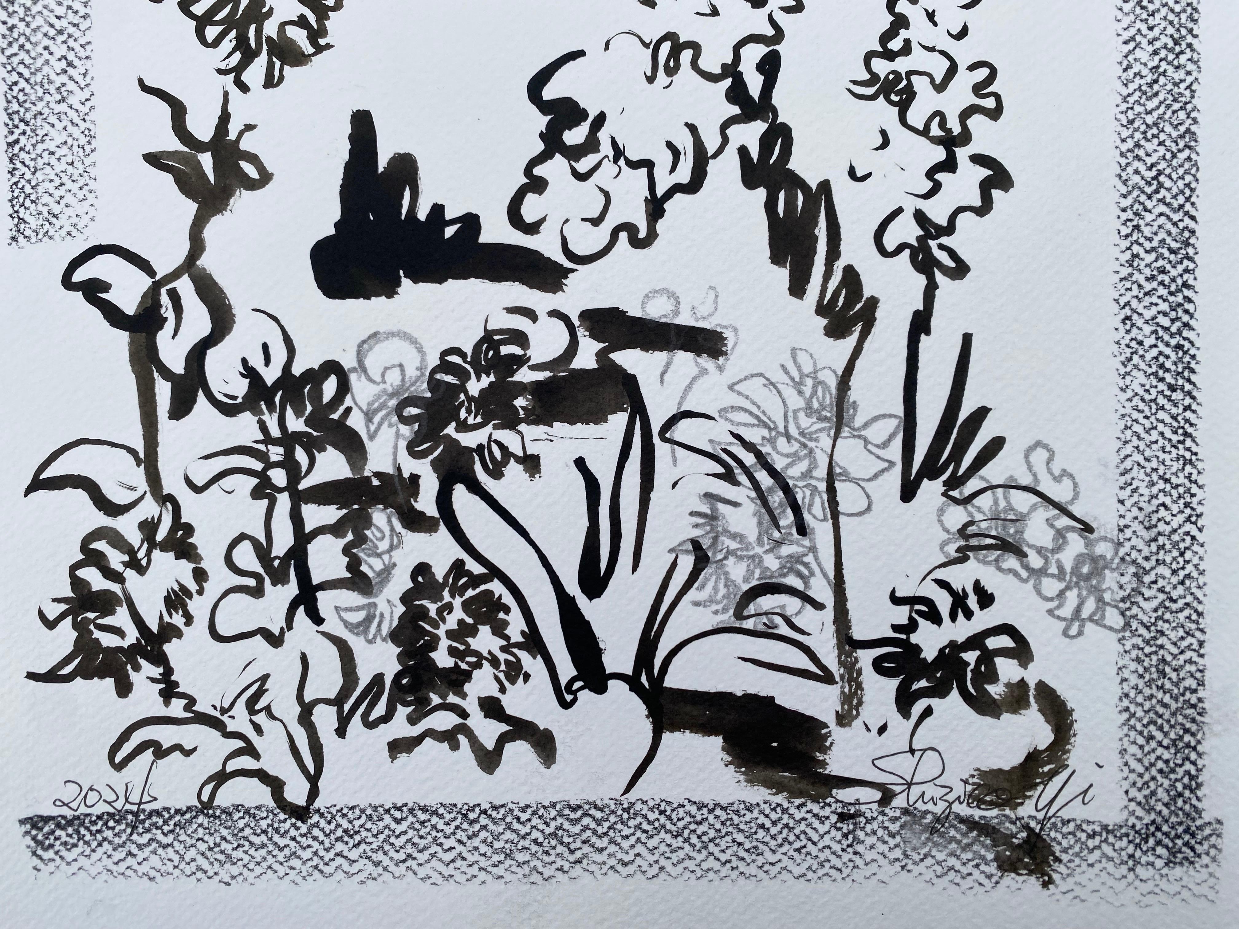 Original-Drawing Time-Dahlias&Gladiolus PleinAir-Artista británico premiado-tinta sobre papel en venta 13