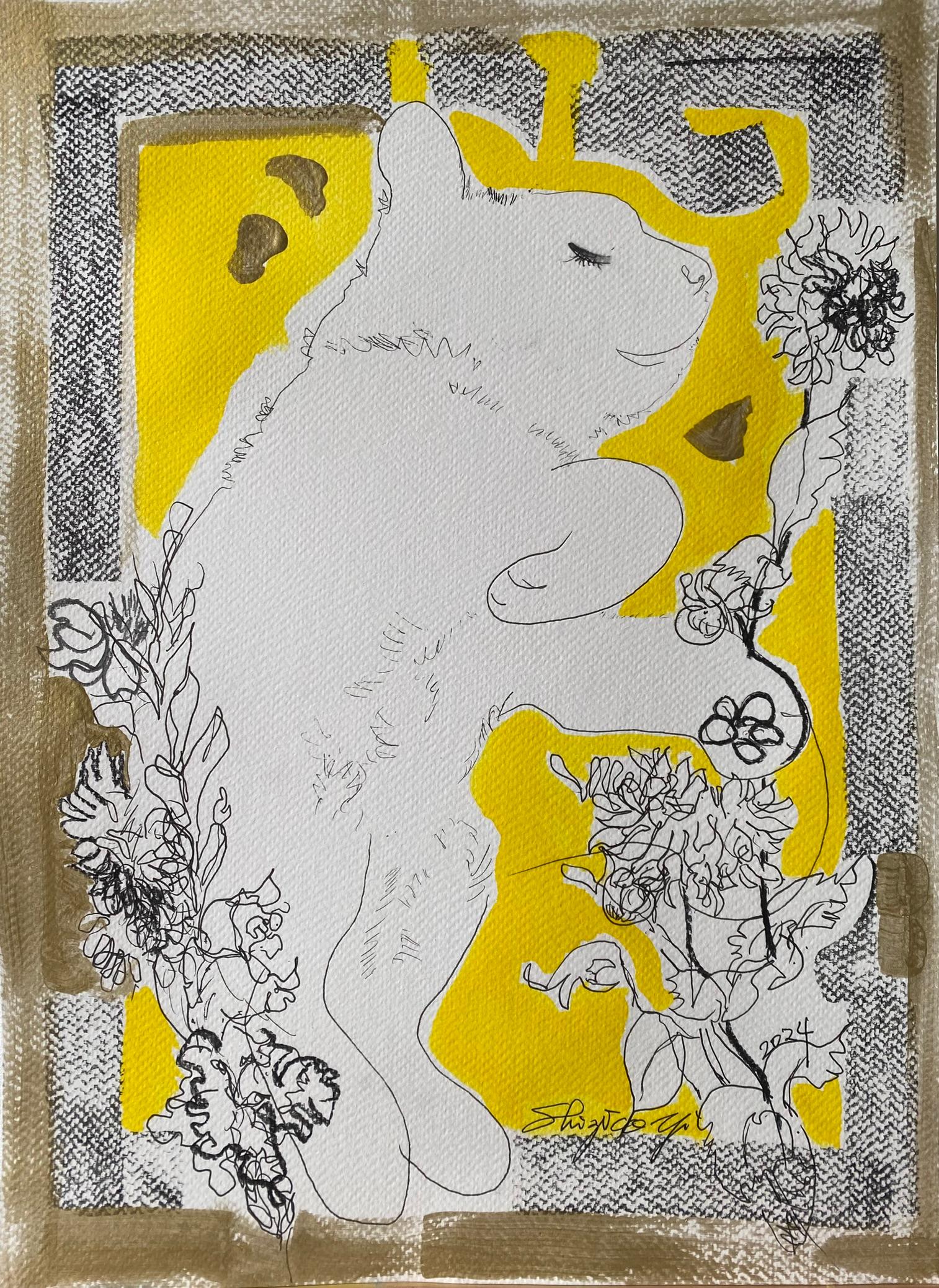 Abstract Painting di Shizico Yi - Originale-Gatto con dalie-Serie di preghiera-Artista britannico premiato-Inchiostro su carta