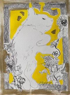 Originale-Gatto con dalie-Serie di preghiera-Artista britannico premiato-Inchiostro su carta