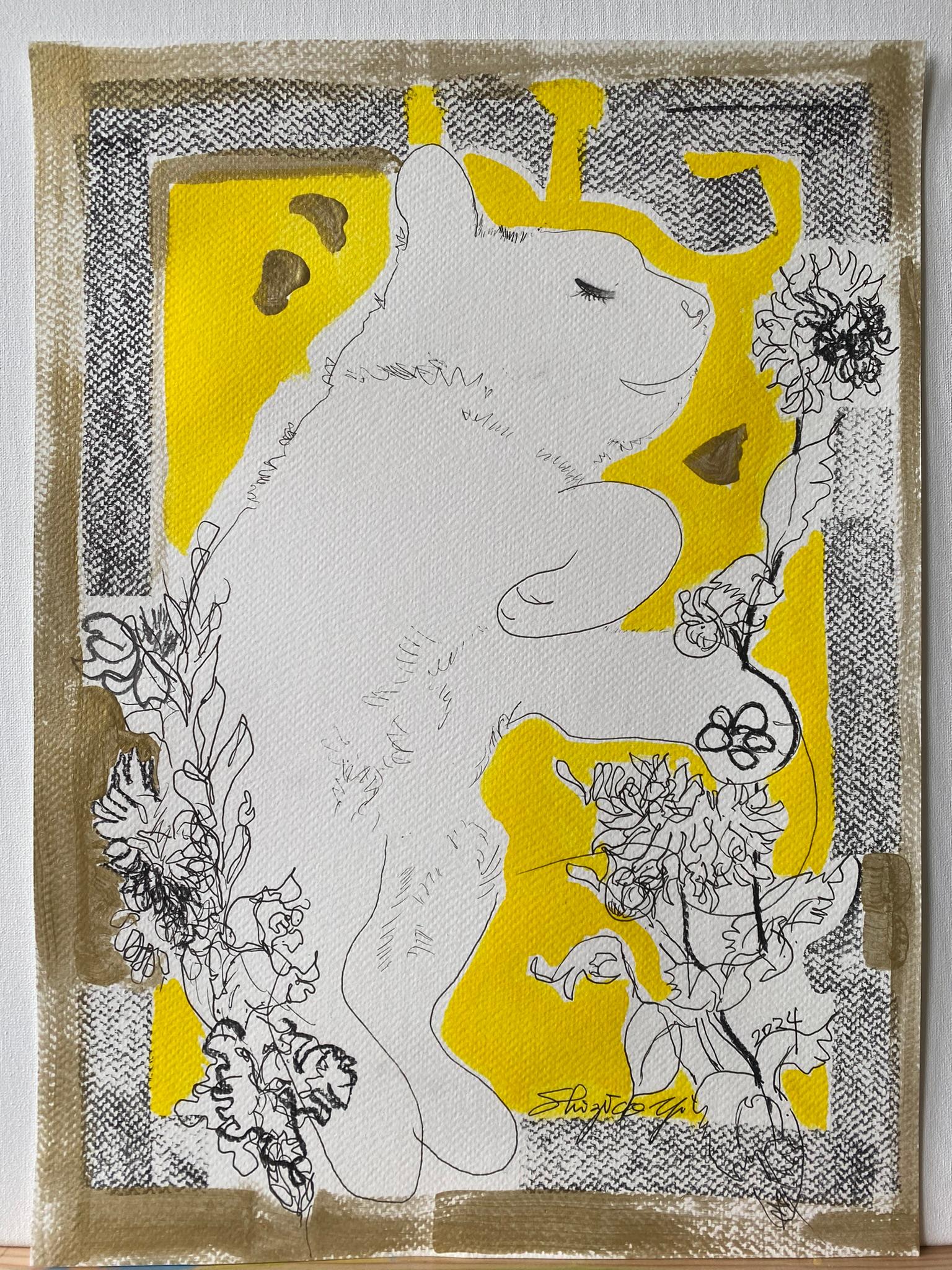 Originale-Gatto con dalie-Serie di preghiera-Artista britannico premiato-Inchiostro su carta 9
