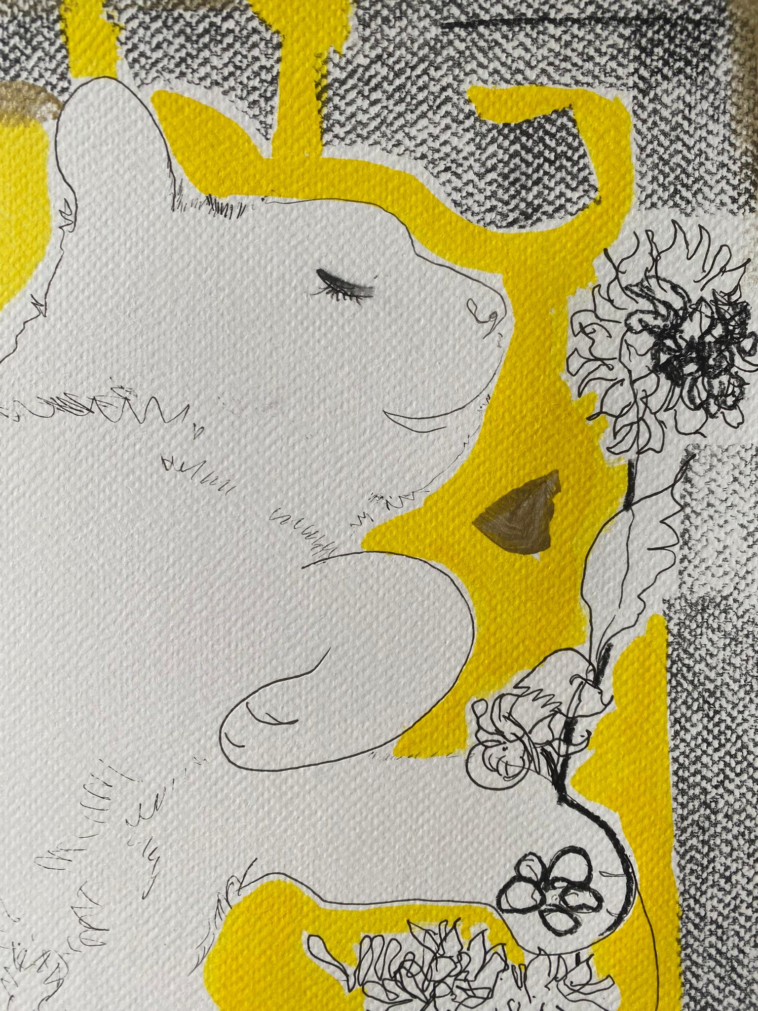 Originale-Gatto con dalie-Serie di preghiera-Artista britannico premiato-Inchiostro su carta - Abstract Painting Oro di Shizico Yi