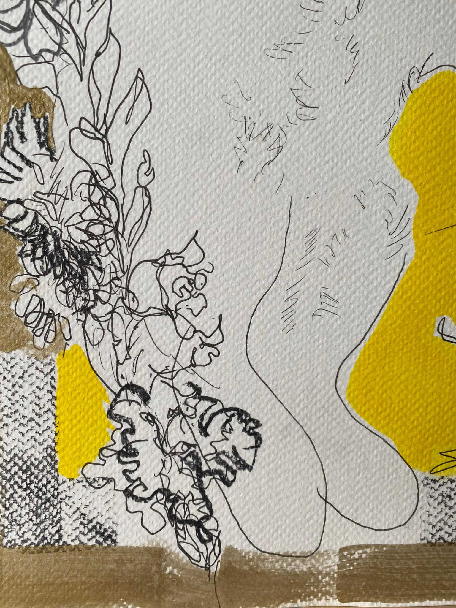 Originale-Gatto con dalie-Serie di preghiera-Artista britannico premiato-Inchiostro su carta 1