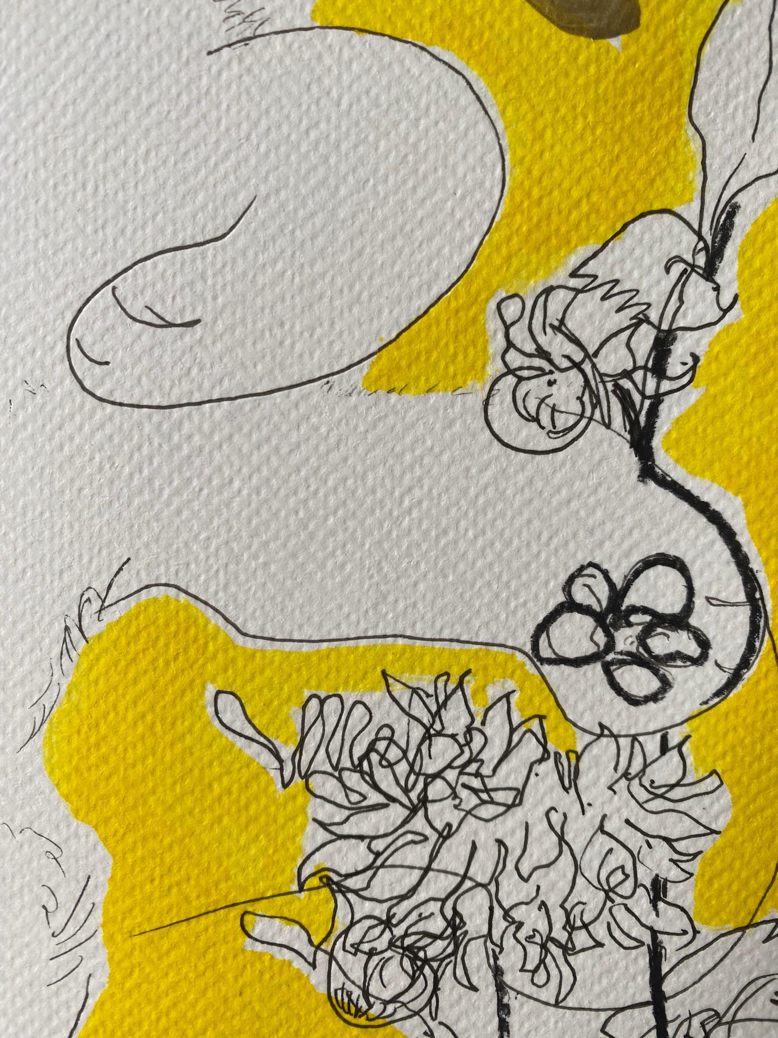 Originale-Gatto con dalie-Serie di preghiera-Artista britannico premiato-Inchiostro su carta 3