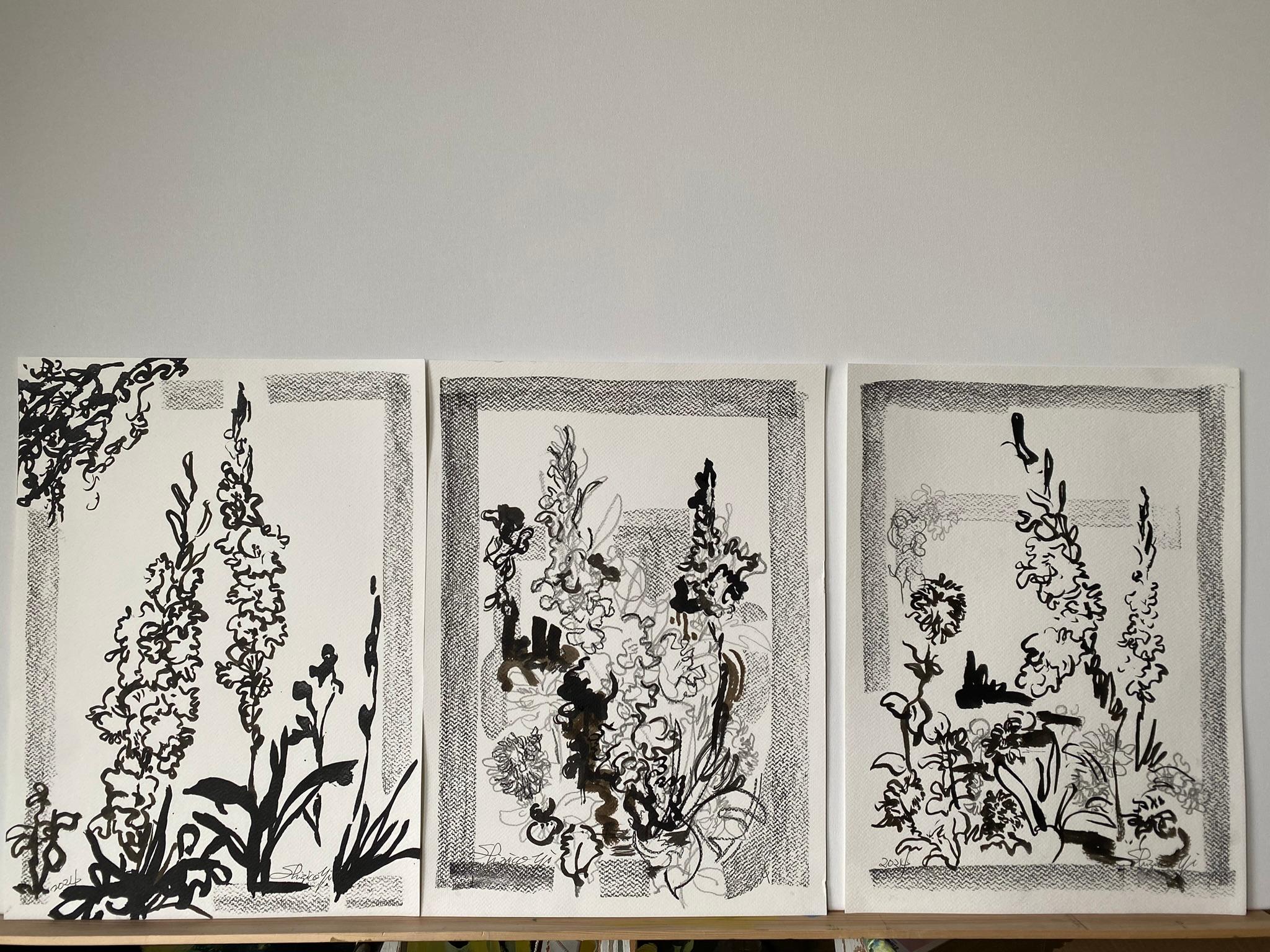 Triptyque original dessinant le temps-Gladiolus-PleinAir-Brit Award Artist-ink on papier en vente 17