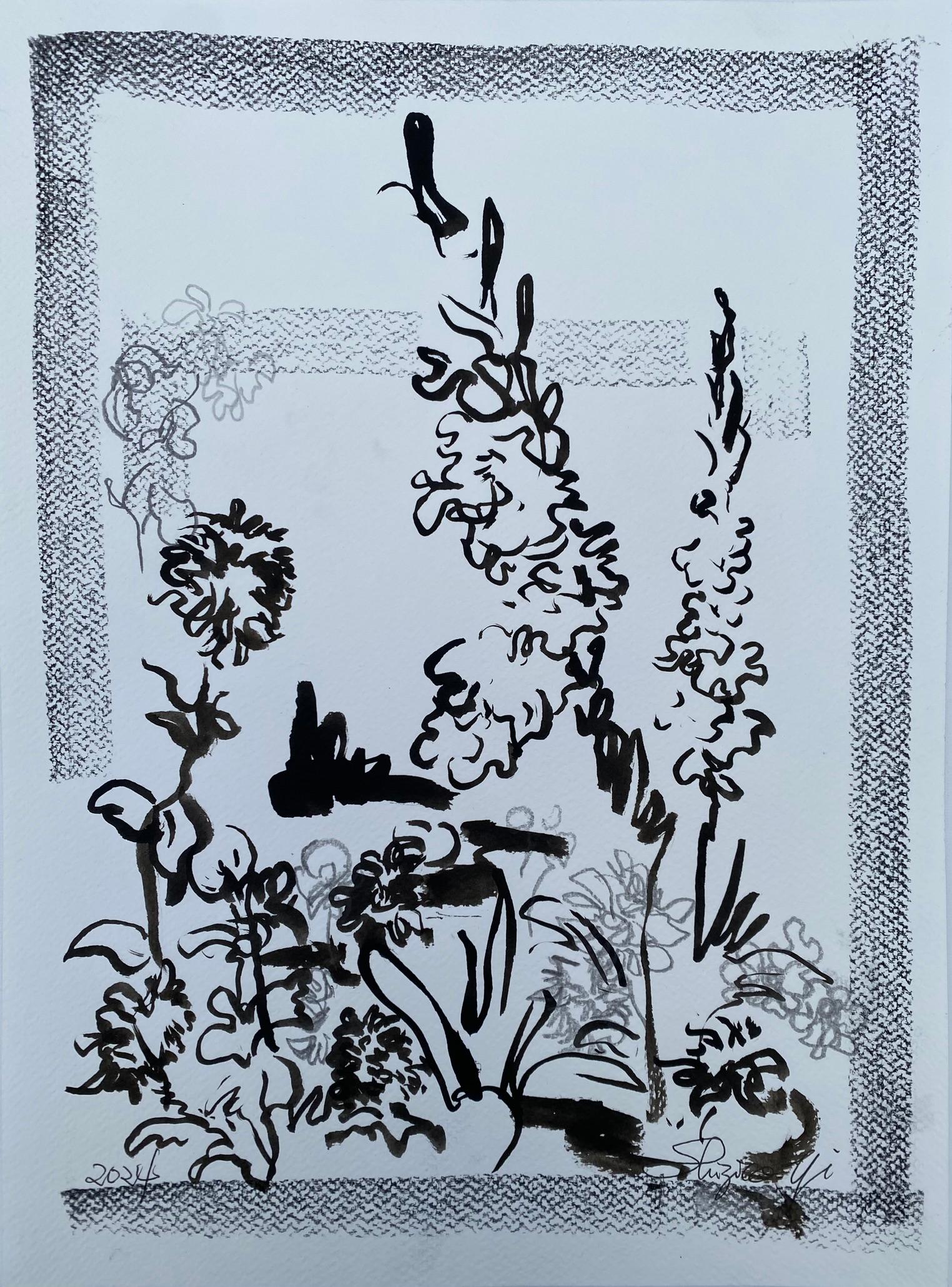 Triptyque original dessinant le temps-Gladiolus-PleinAir-Brit Award Artist-ink on papier en vente 4