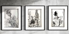 Original Triptych-Nostalgia-Plein Air-Brit Awarded Artist-Ink on papers-Dahlias