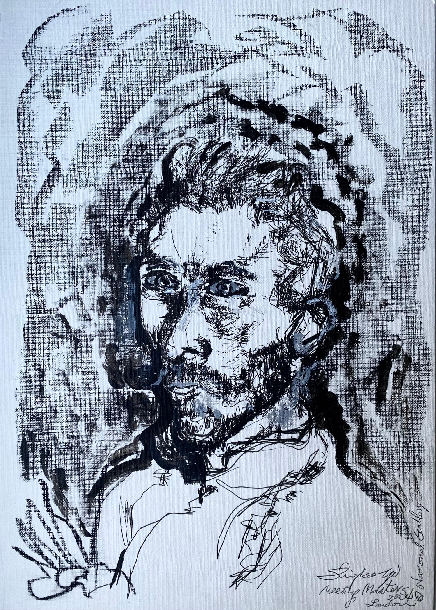 Original-Meeting Van Gogh-Study Master Series-British Awarded Artist-Ink Drawing