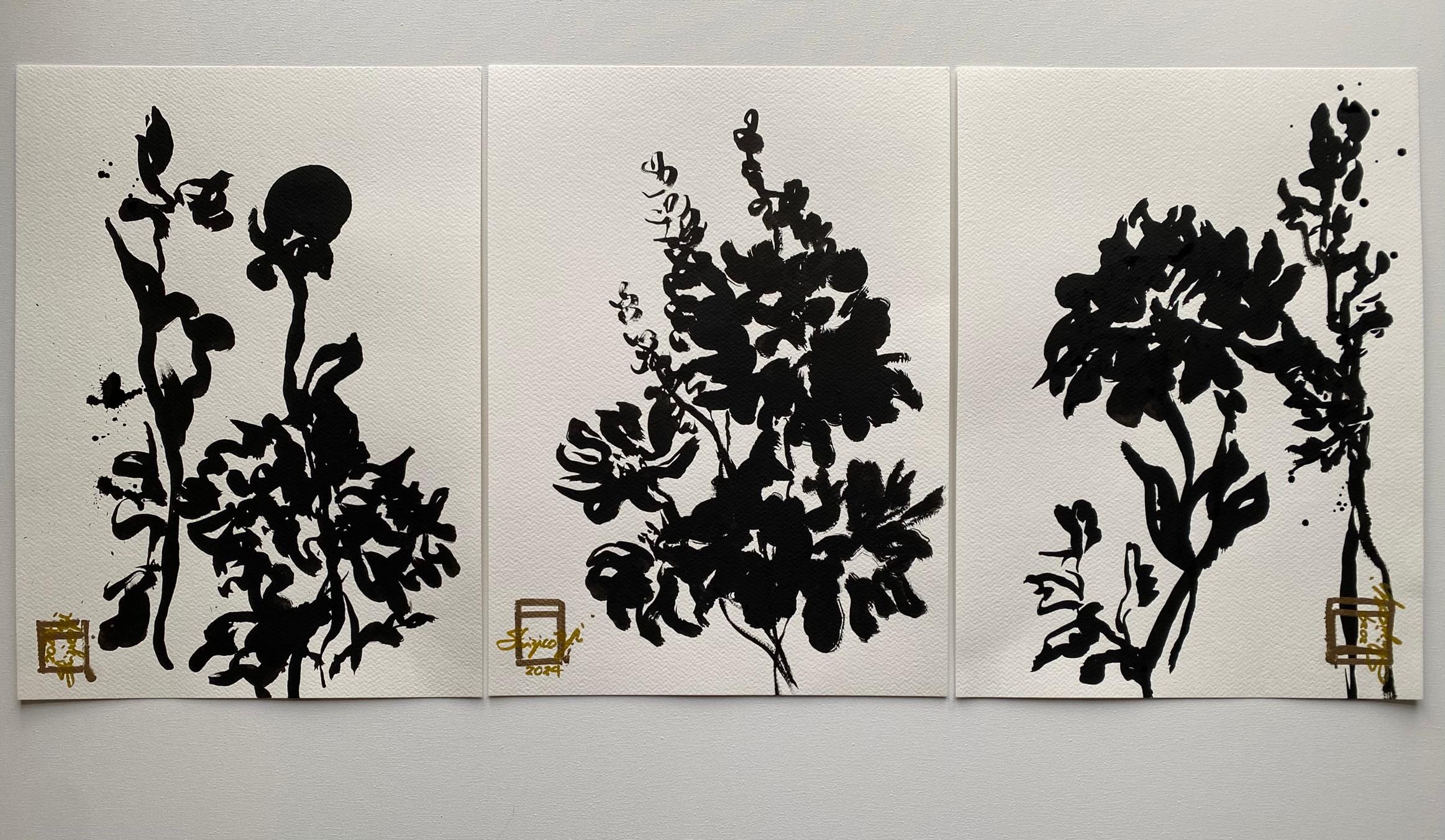 Original Triptych Ink on papers-Dahlias-Plein Air-Brit Awarded Artist--Nostalgia 7